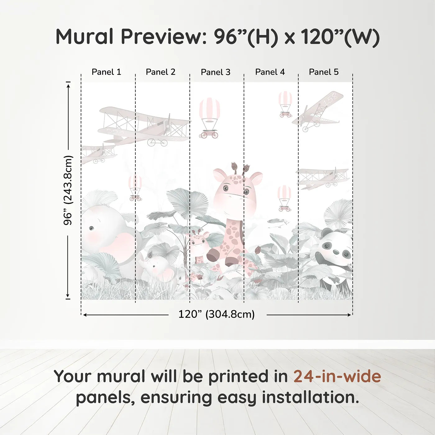 Whimsy Tots Pink Safari Aviators Wall Muraldimension view (96" H x 120" W). Printed in five 24-inch-wide panels. Best for Girls