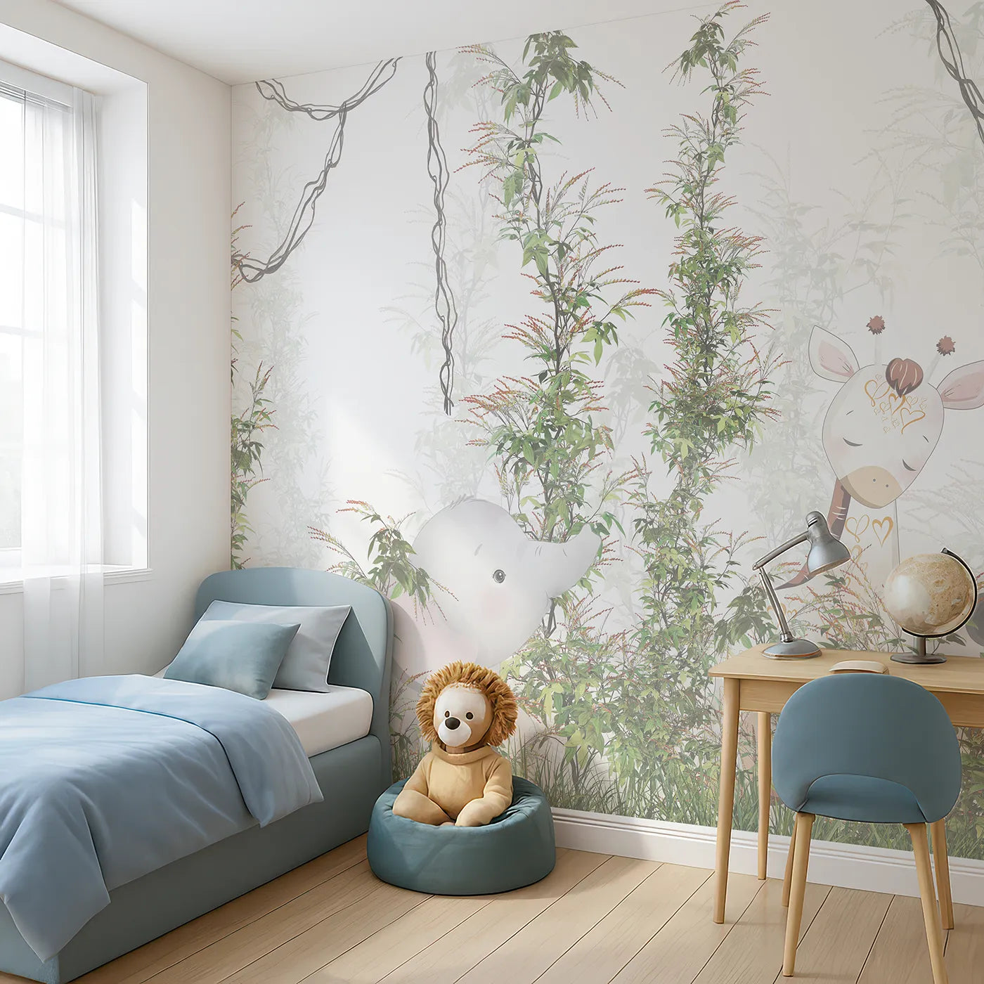Angled view of Whimsy Tots' Jungle Thicket Wall Mural (Turn Their Room into a Deep and Leafy Hideaway).Gender-Neutral
