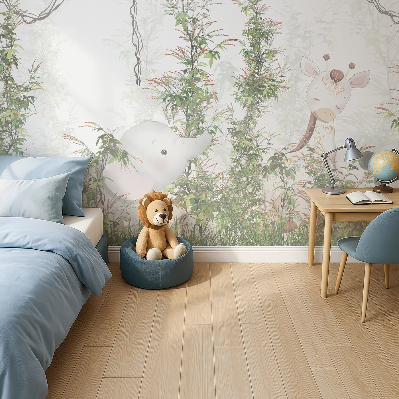 Top-down view of Whimsy Tots' Jungle Thicket Wall Mural (Turn Their Room into a Deep and Leafy Hideaway).Gender-Neutral
