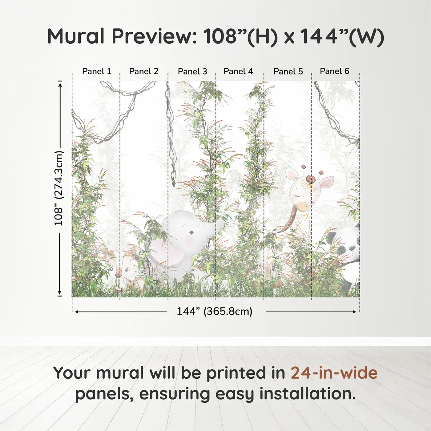 Whimsy Tots Jungle Thicket Wall Muraldimension view (108" H x 144" W). Printed in six 24-inch-wide panels. Gender-Neutral