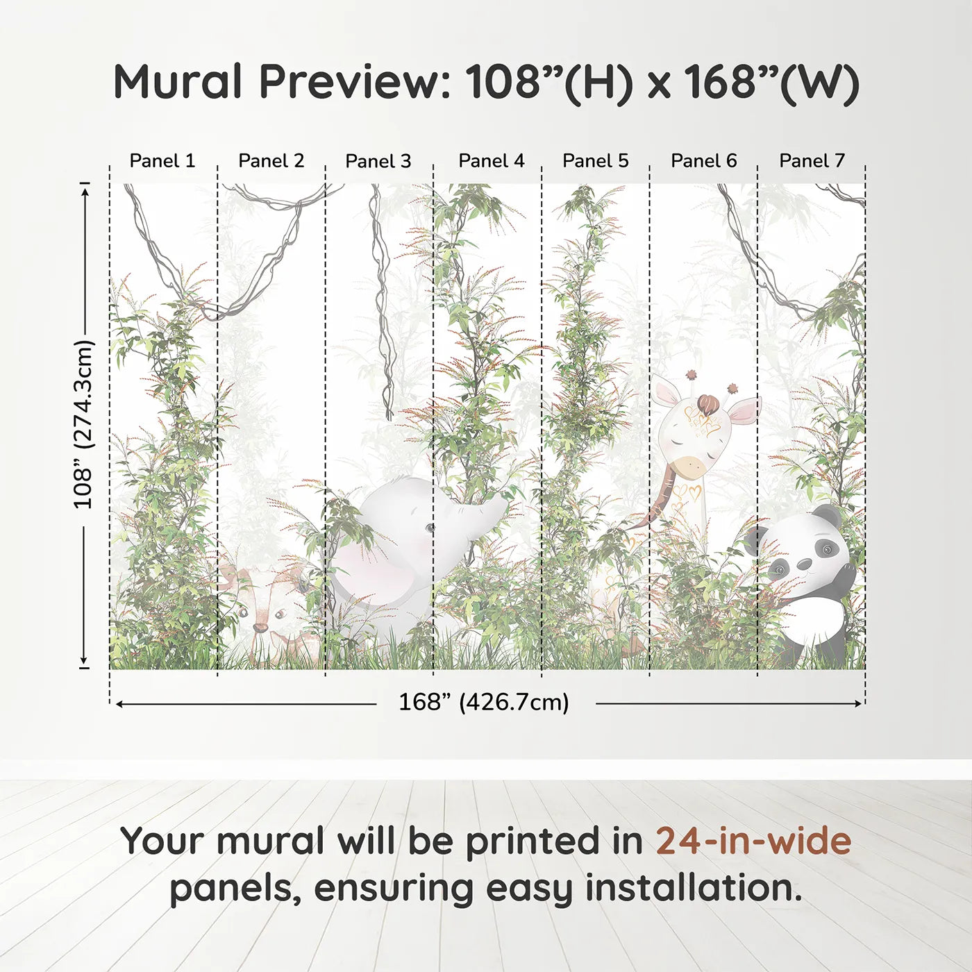 Whimsy Tots Jungle Thicket Wall Muraldimension view (108" H x 168" W). Printed in seven 24-inch-wide panels. Gender-Neutral