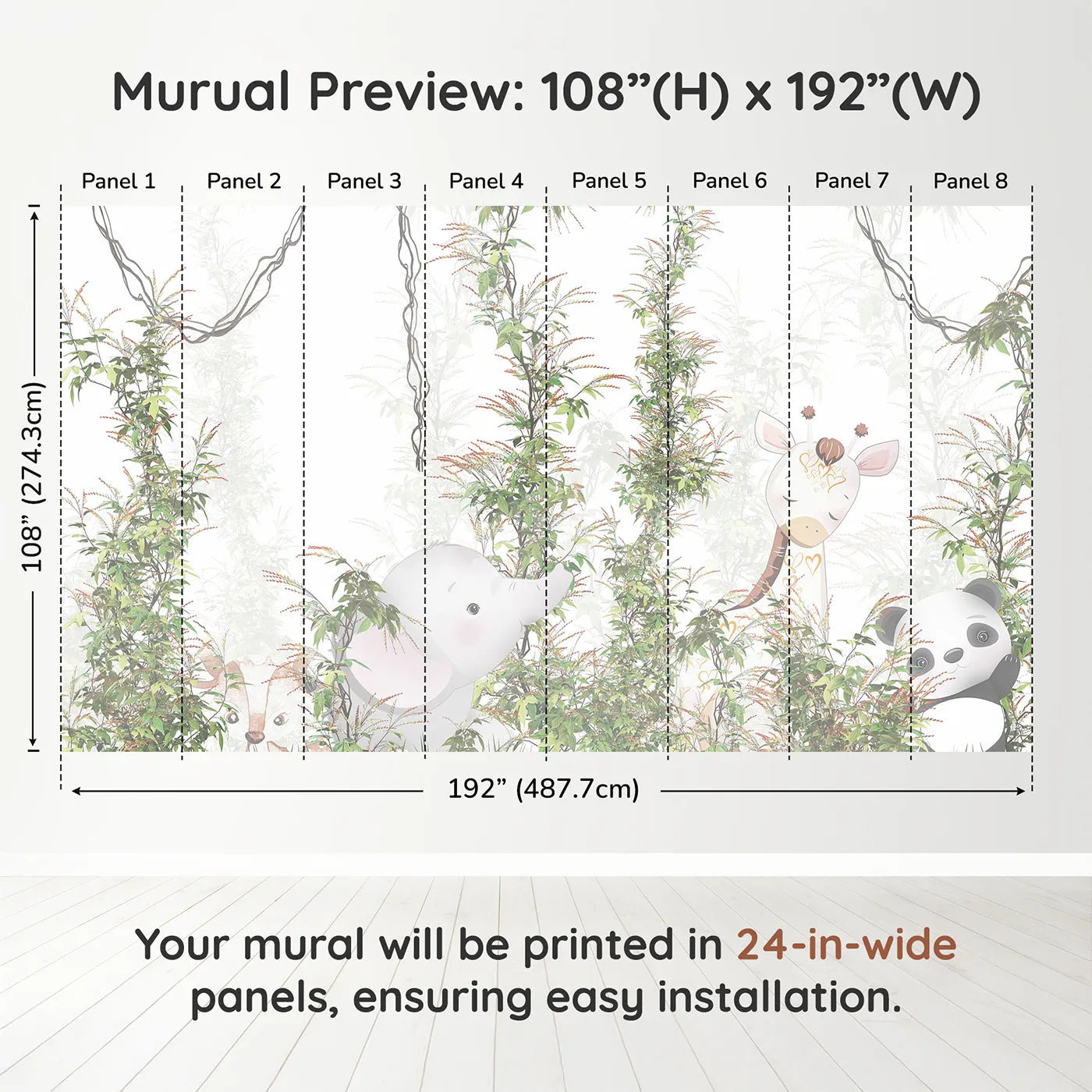 Whimsy Tots Jungle Thicket Wall Muraldimension view (108" H x 192" W). Printed in eight 24-inch-wide panels. Gender-Neutral