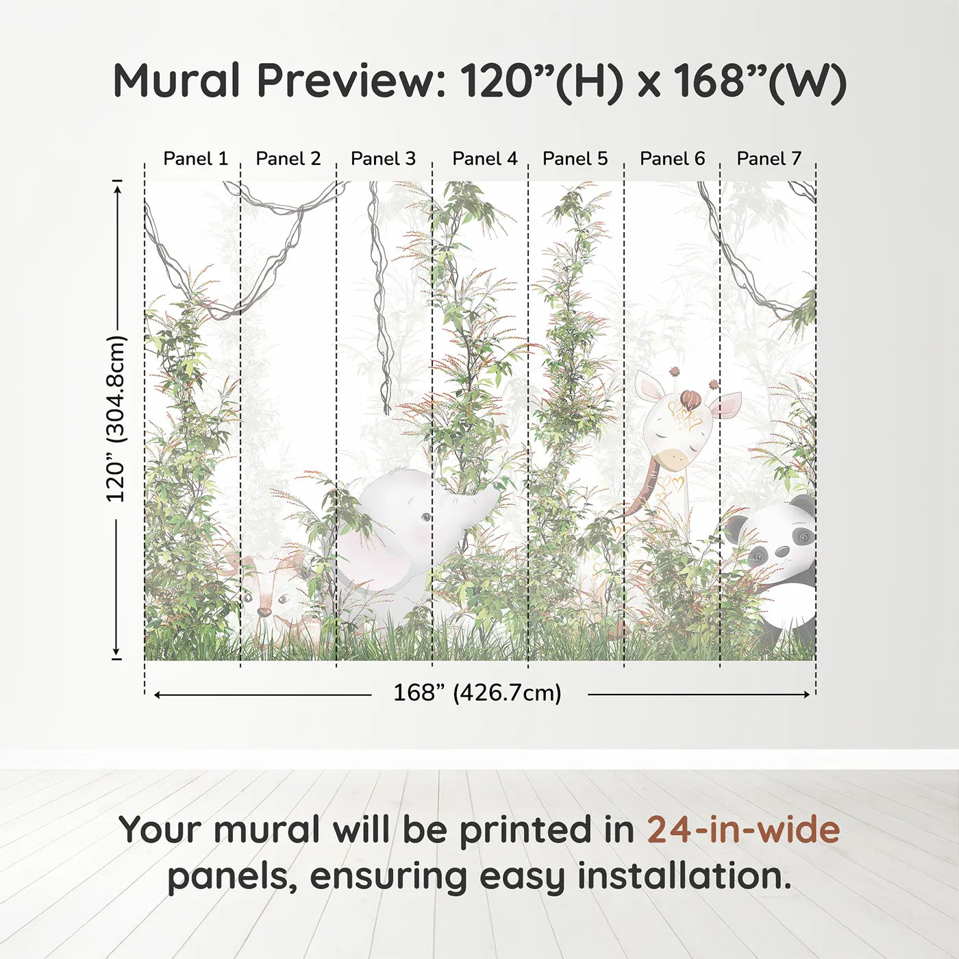 Whimsy Tots Jungle Thicket Wall Muraldimension view (120" H x 168" W). Printed in seven 24-inch-wide panels. Gender-Neutral