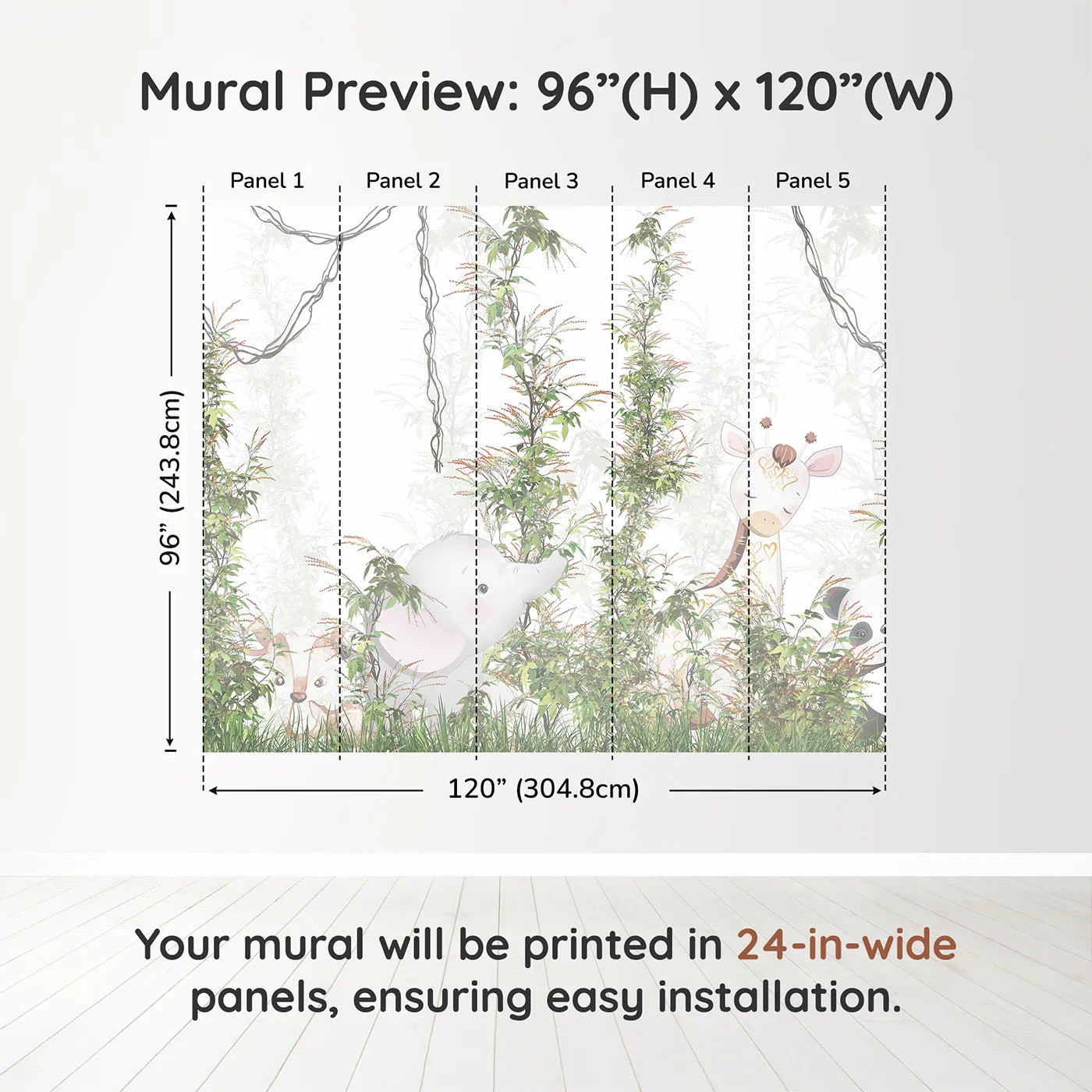 Whimsy Tots Jungle Thicket Wall Muraldimension view (96" H x 120" W). Printed in five 24-inch-wide panels. Gender-Neutral