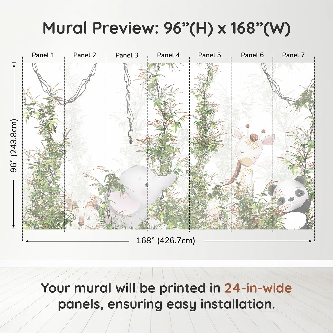 Whimsy Tots Jungle Thicket Wall Muraldimension view (96" H x 168" W). Printed in seven 24-inch-wide panels. Gender-Neutral