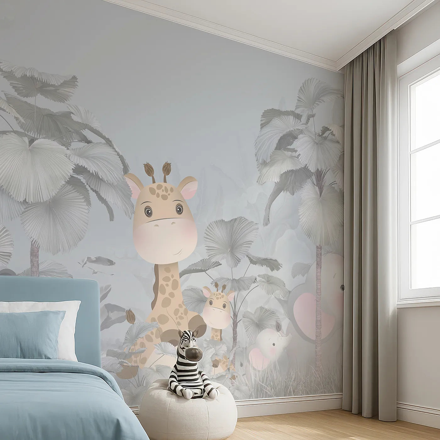 Angled view of Whimsy Tots' Gray Safari Friends Wall Mural (Turn Their Room into a Chic and Gentle Jungle Scene).Gender-Neutral