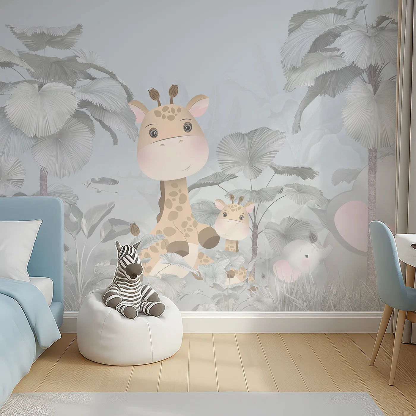 Top-down view of Whimsy Tots' Gray Safari Friends Wall Mural (Turn Their Room into a Chic and Gentle Jungle Scene).Gender-Neutral