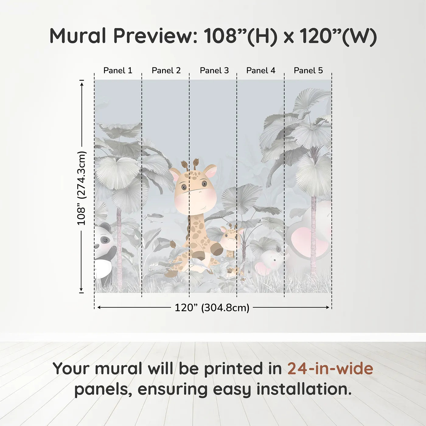 Whimsy Tots Gray Safari Friends Wall Muraldimension view (108" H x 120" W). Printed in five 24-inch-wide panels. Gender-Neutral