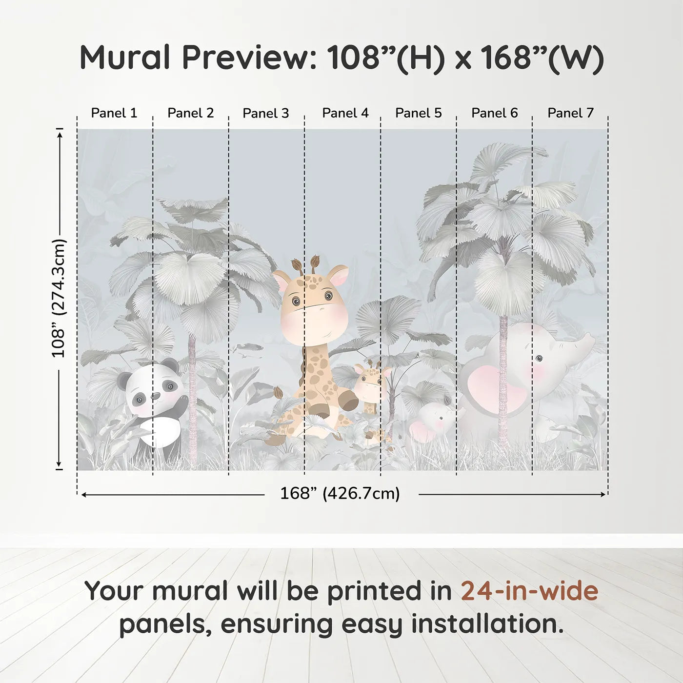 Whimsy Tots Gray Safari Friends Wall Muraldimension view (108" H x 168" W). Printed in seven 24-inch-wide panels. Gender-Neutral