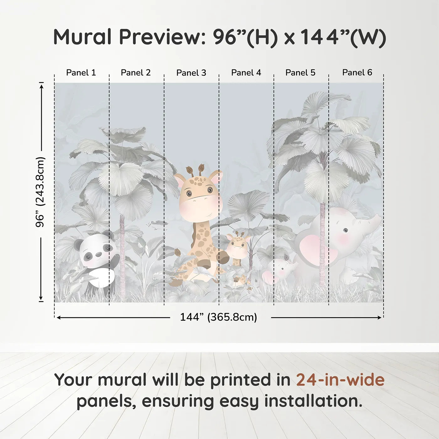 Whimsy Tots Gray Safari Friends Wall Muraldimension view (96" H x 144" W). Printed in six 24-inch-wide panels. Gender-Neutral