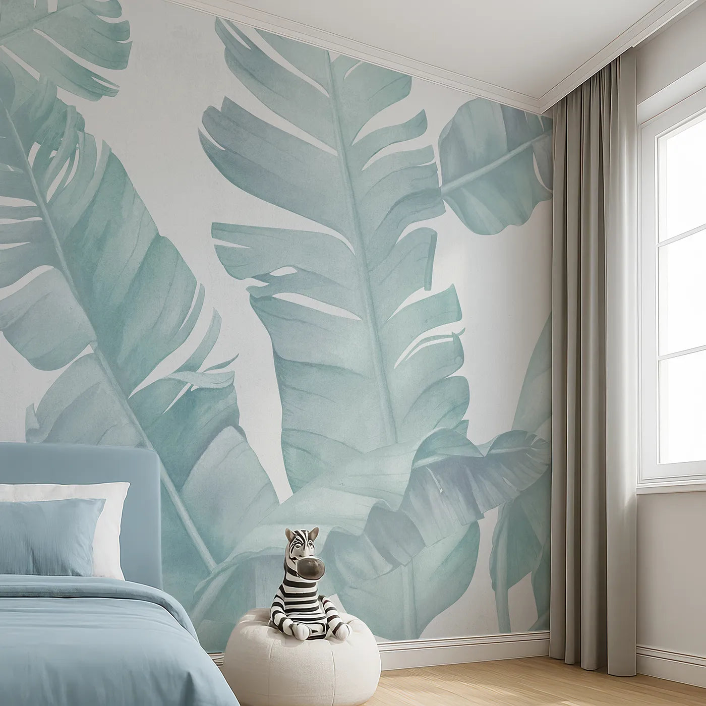 Angled view of Whimsy Tots' Teal Banana Leaf Wall Mural (Turn Their Room into a Cool and Leafy Tropical Escape).Gender-Neutral