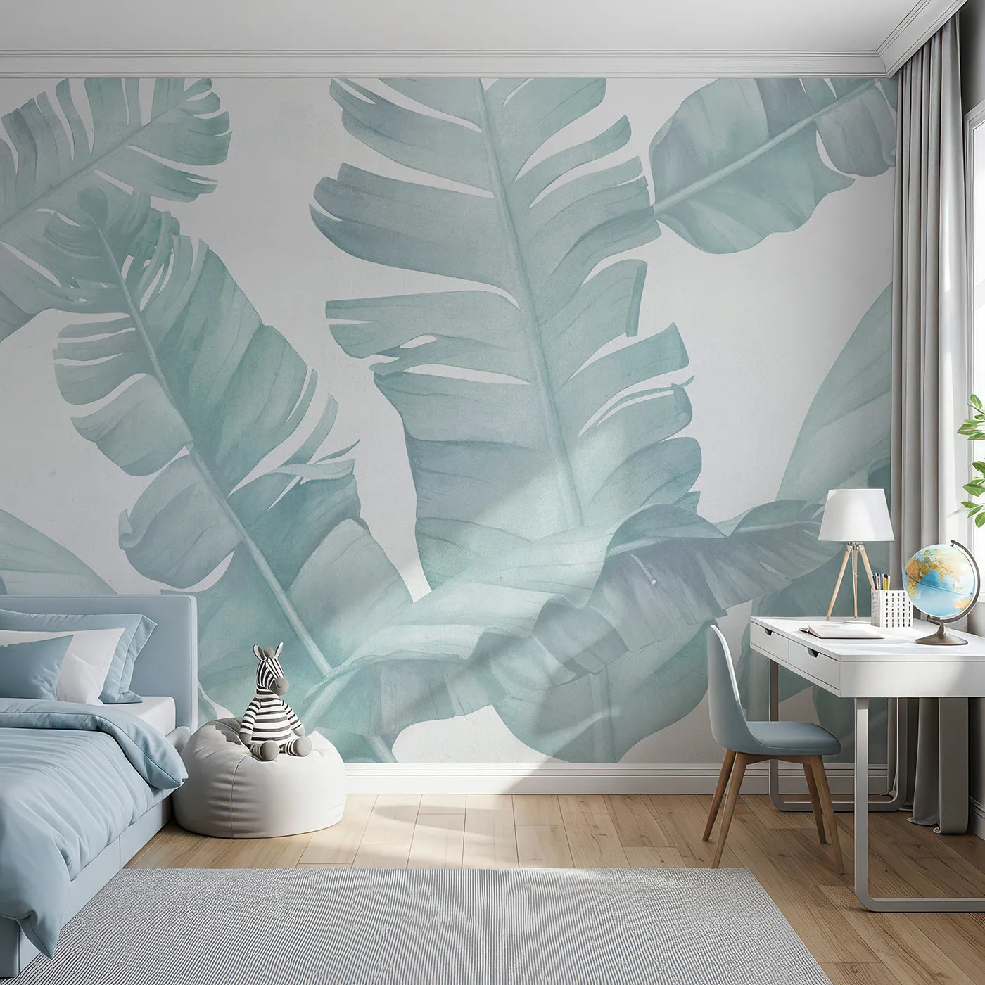 Front view of Whimsy Tots' Teal Banana Leaf Wall Mural
