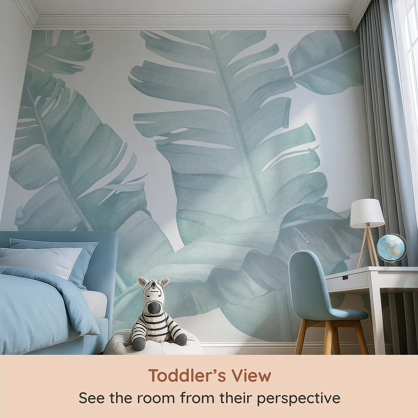 Whimsy Tots Teal Banana Leaf Wall Mural (Turn Their Room into a Cool and Leafy Tropical Escape) from your child's view.Gender-Neutral