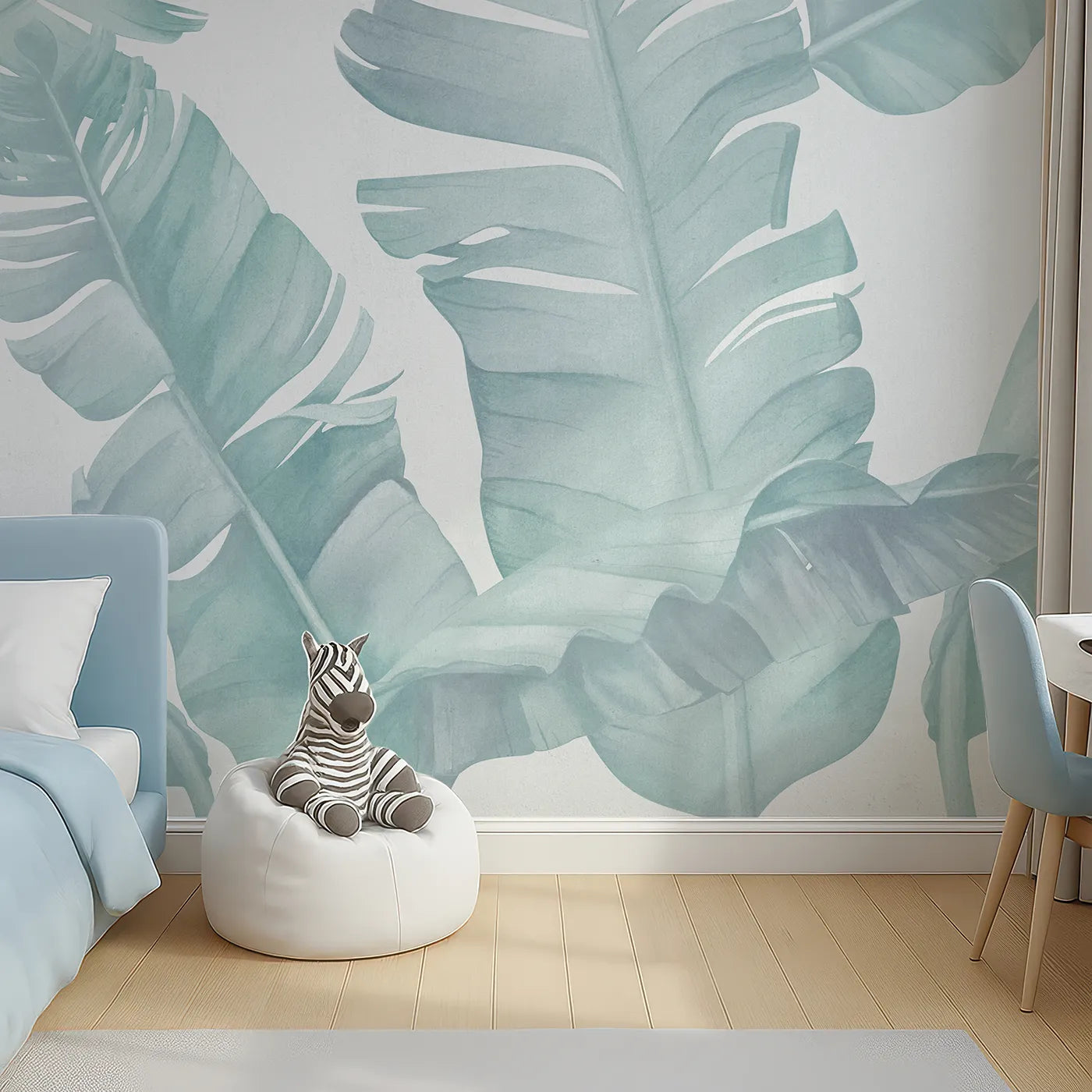 Top-down view of Whimsy Tots' Teal Banana Leaf Wall Mural (Turn Their Room into a Cool and Leafy Tropical Escape).Gender-Neutral