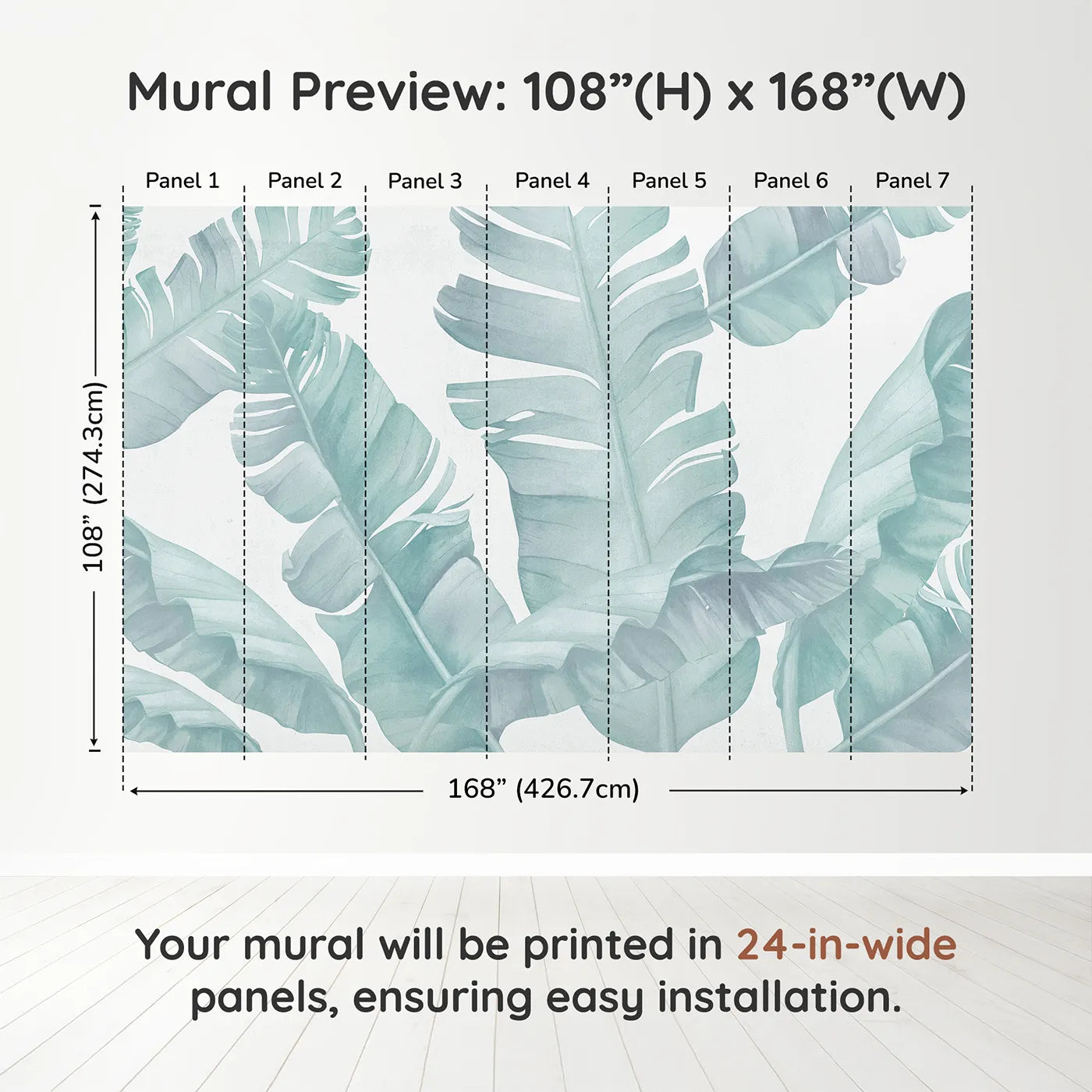 Whimsy Tots Teal Banana Leaf Wall Muraldimension view (108" H x 168" W). Printed in seven 24-inch-wide panels. Gender-Neutral