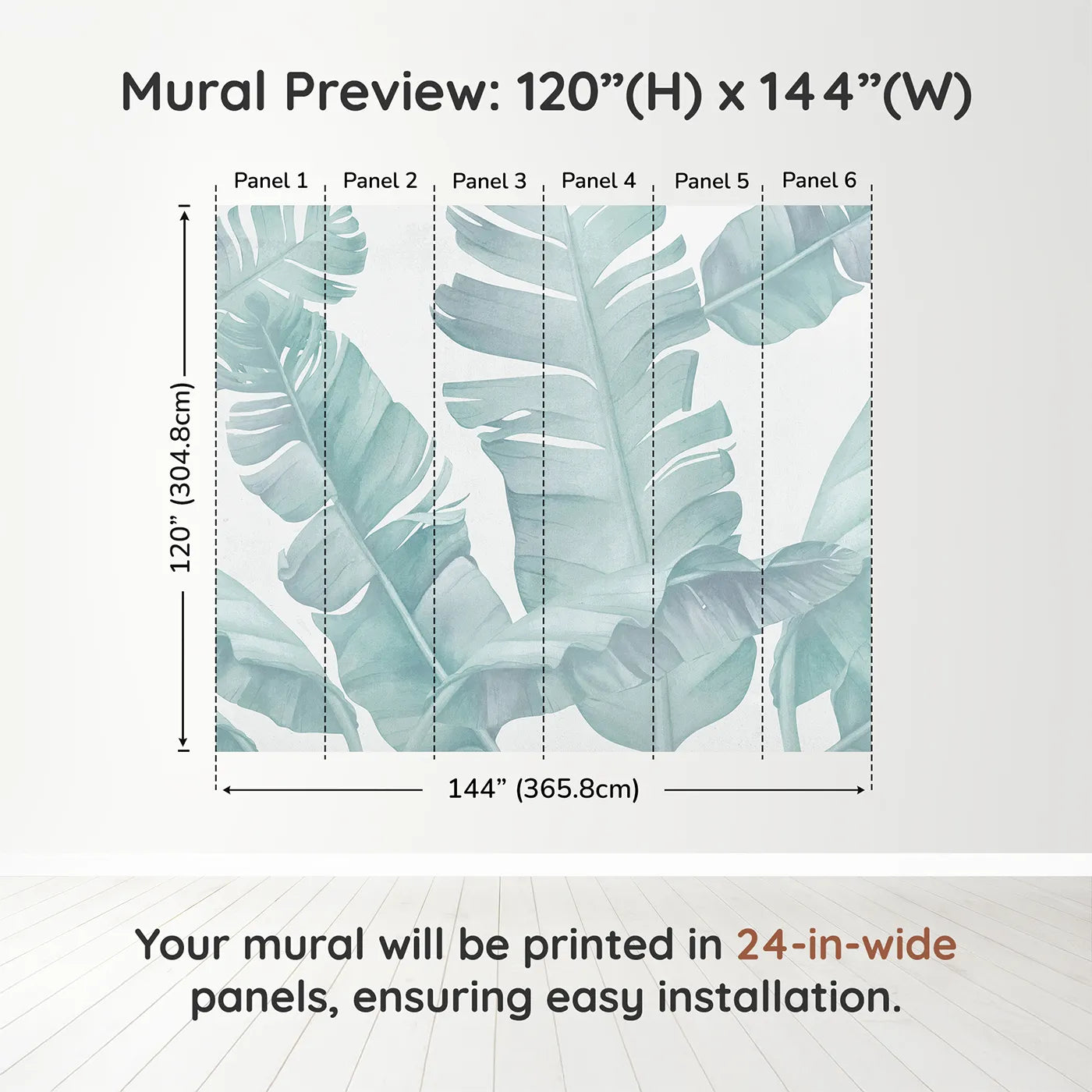 Whimsy Tots Teal Banana Leaf Wall Muraldimension view (120" H x 144" W). Printed in six 24-inch-wide panels. Gender-Neutral