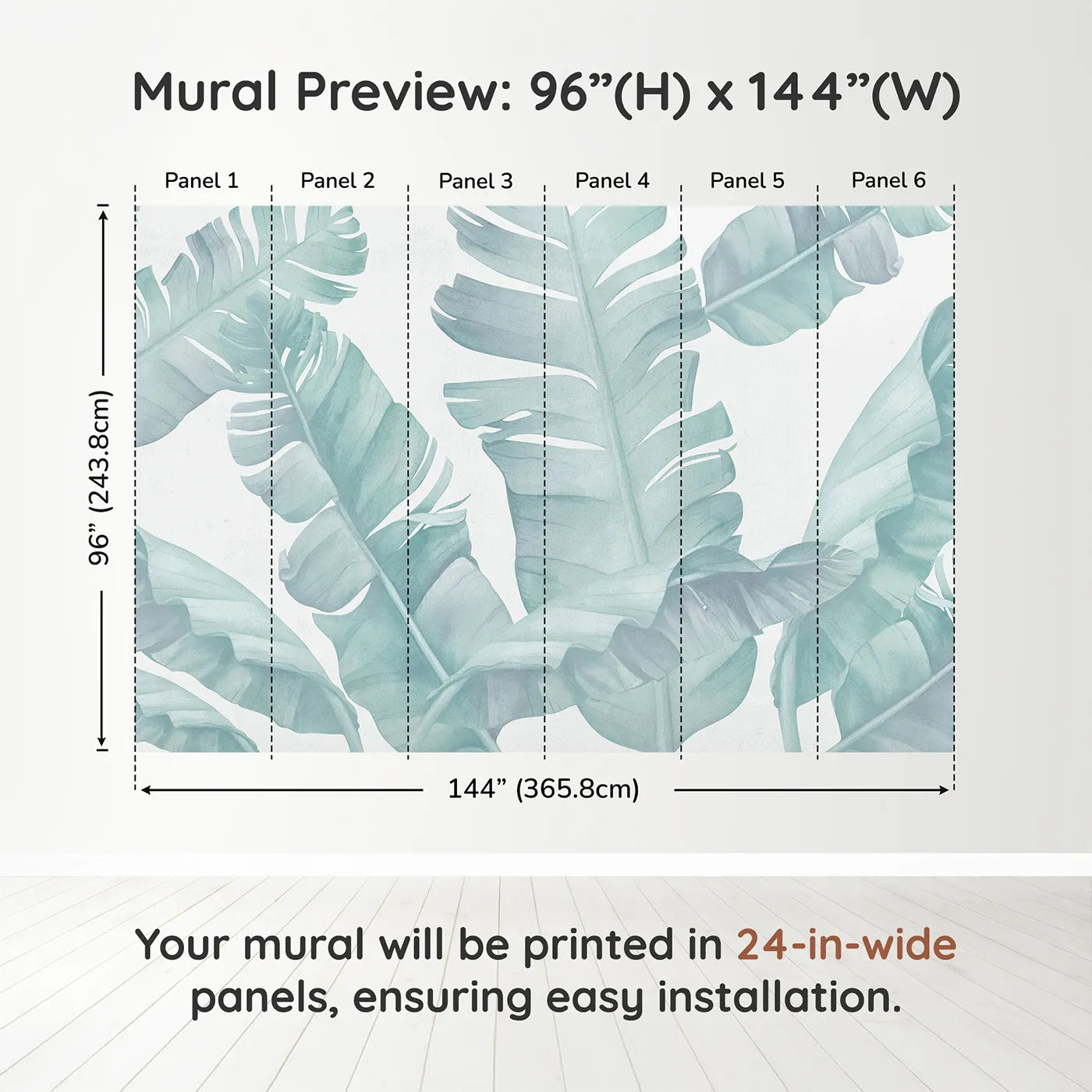 Whimsy Tots Teal Banana Leaf Wall Muraldimension view (96" H x 144" W). Printed in six 24-inch-wide panels. Gender-Neutral