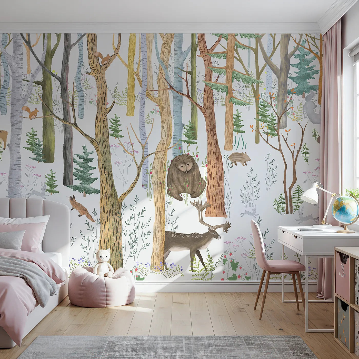 Front view of Whimsy Tots' Detailed Woodland Forest Wall Mural