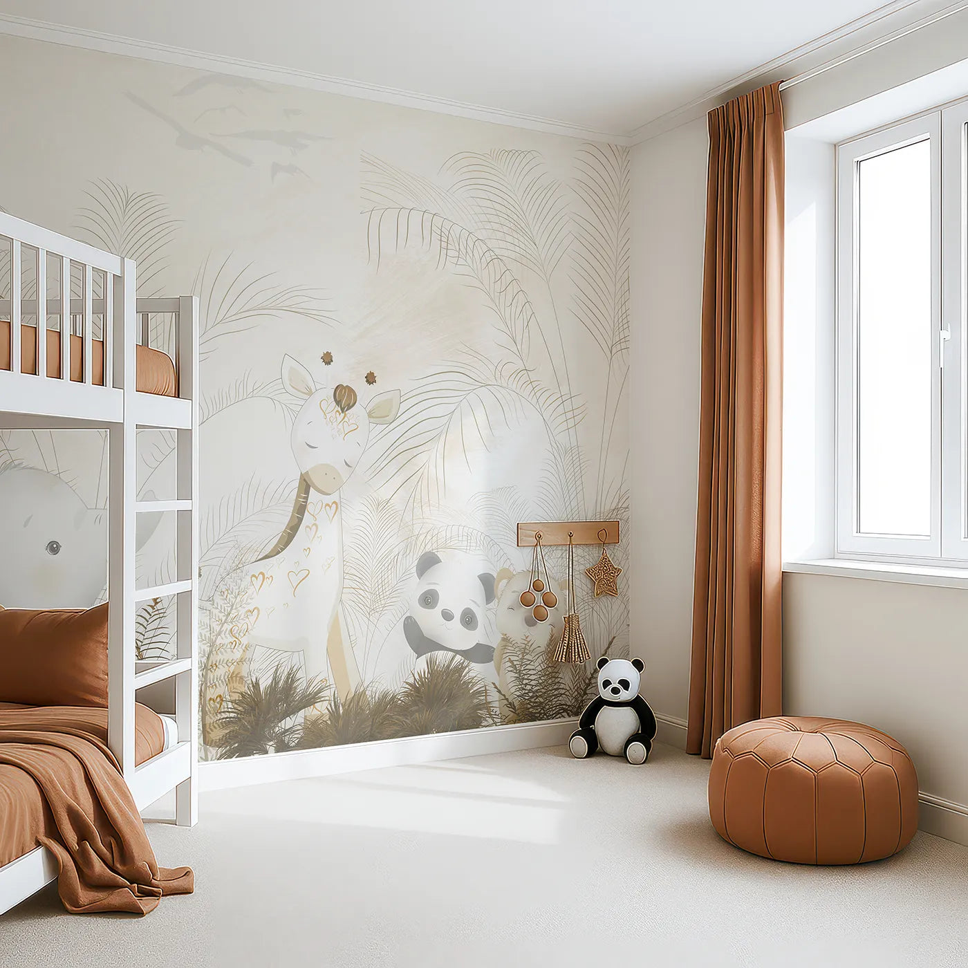 Angled view of Whimsy Tots' Golden Safari Hideaway Wall Mural (Turn Their Room into a Warm and Gentle Jungle Dream).Gender-Neutral