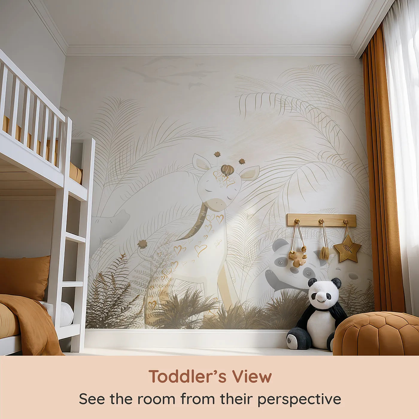 Whimsy Tots Golden Safari Hideaway Wall Mural (Turn Their Room into a Warm and Gentle Jungle Dream) from your child's view.Gender-Neutral