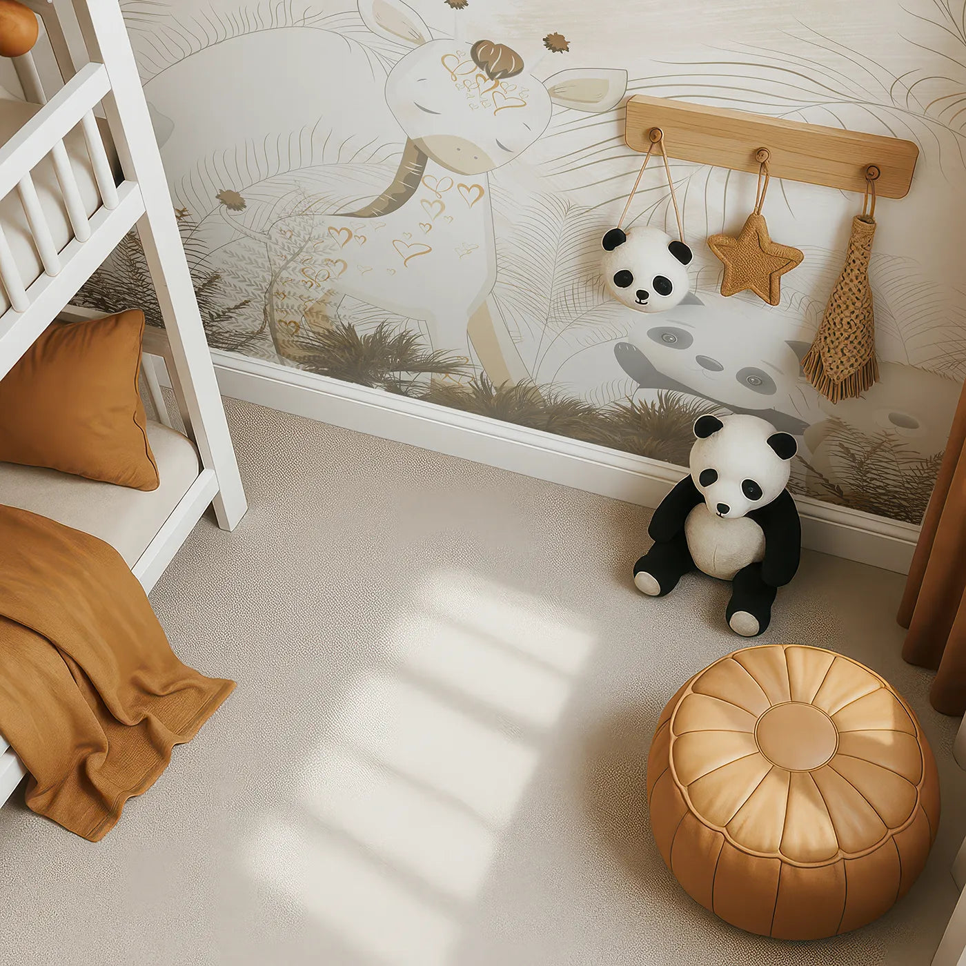 Top-down view of Whimsy Tots' Golden Safari Hideaway Wall Mural (Turn Their Room into a Warm and Gentle Jungle Dream).Gender-Neutral