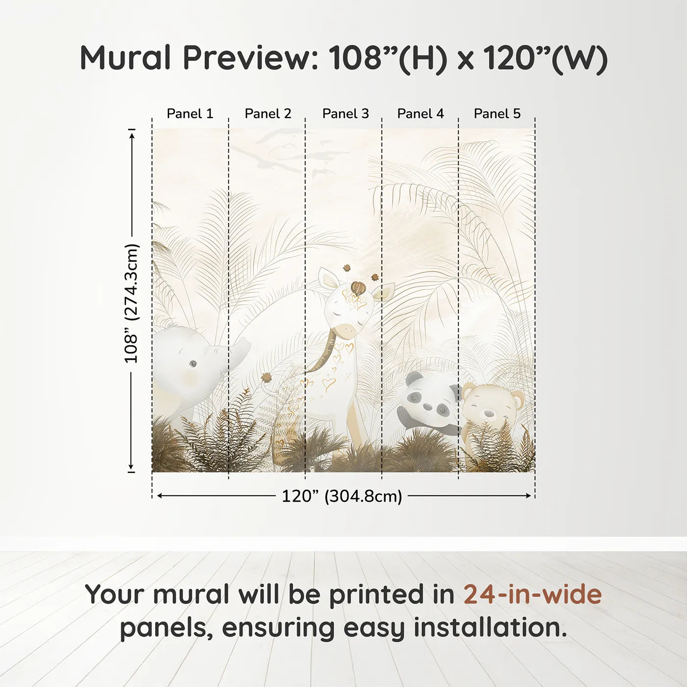 Whimsy Tots Golden Safari Hideaway Wall Muraldimension view (108" H x 120" W). Printed in five 24-inch-wide panels. Gender-Neutral