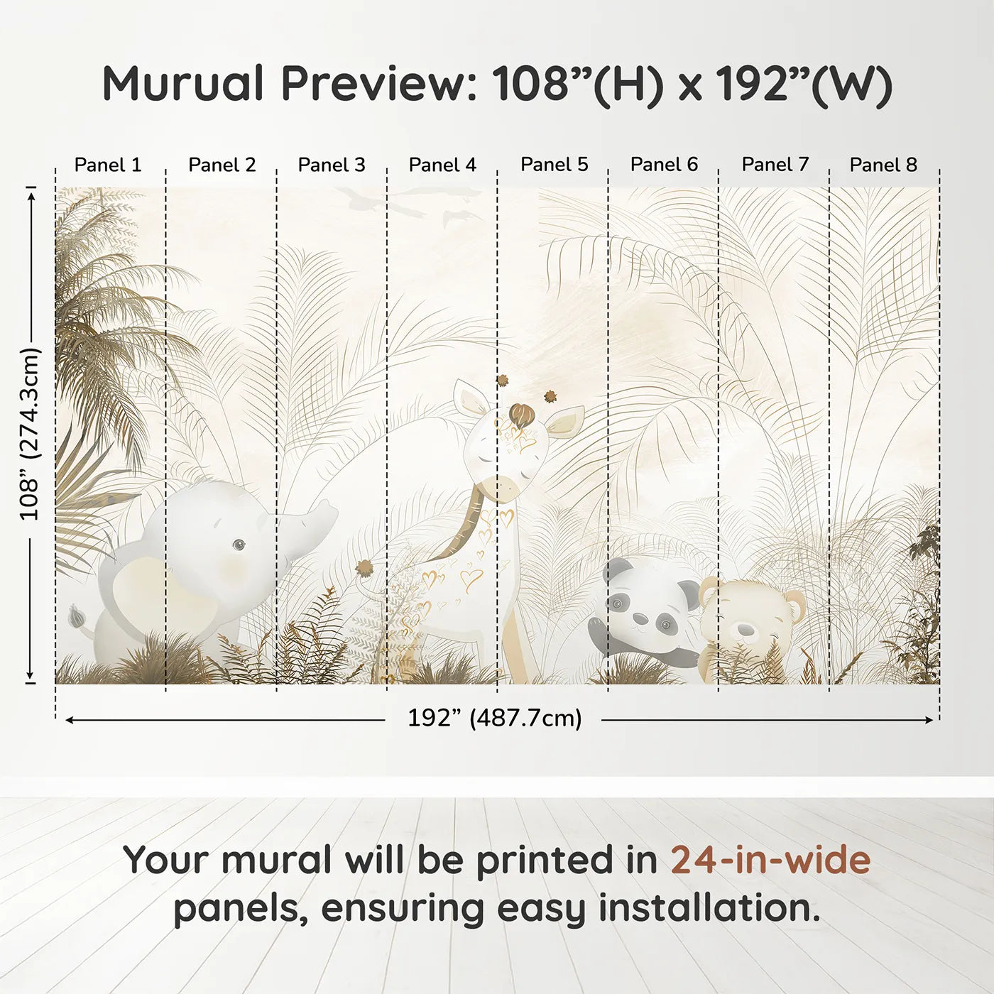 Whimsy Tots Golden Safari Hideaway Wall Muraldimension view (108" H x 192" W). Printed in eight 24-inch-wide panels. Gender-Neutral