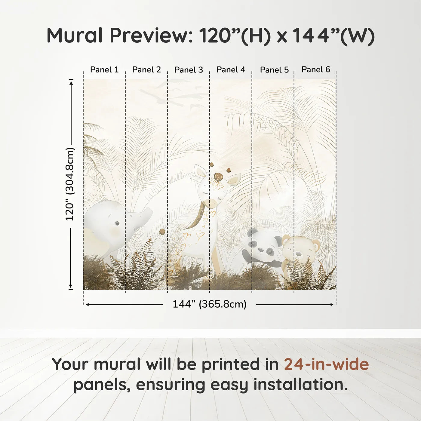 Whimsy Tots Golden Safari Hideaway Wall Muraldimension view (120" H x 144" W). Printed in six 24-inch-wide panels. Gender-Neutral