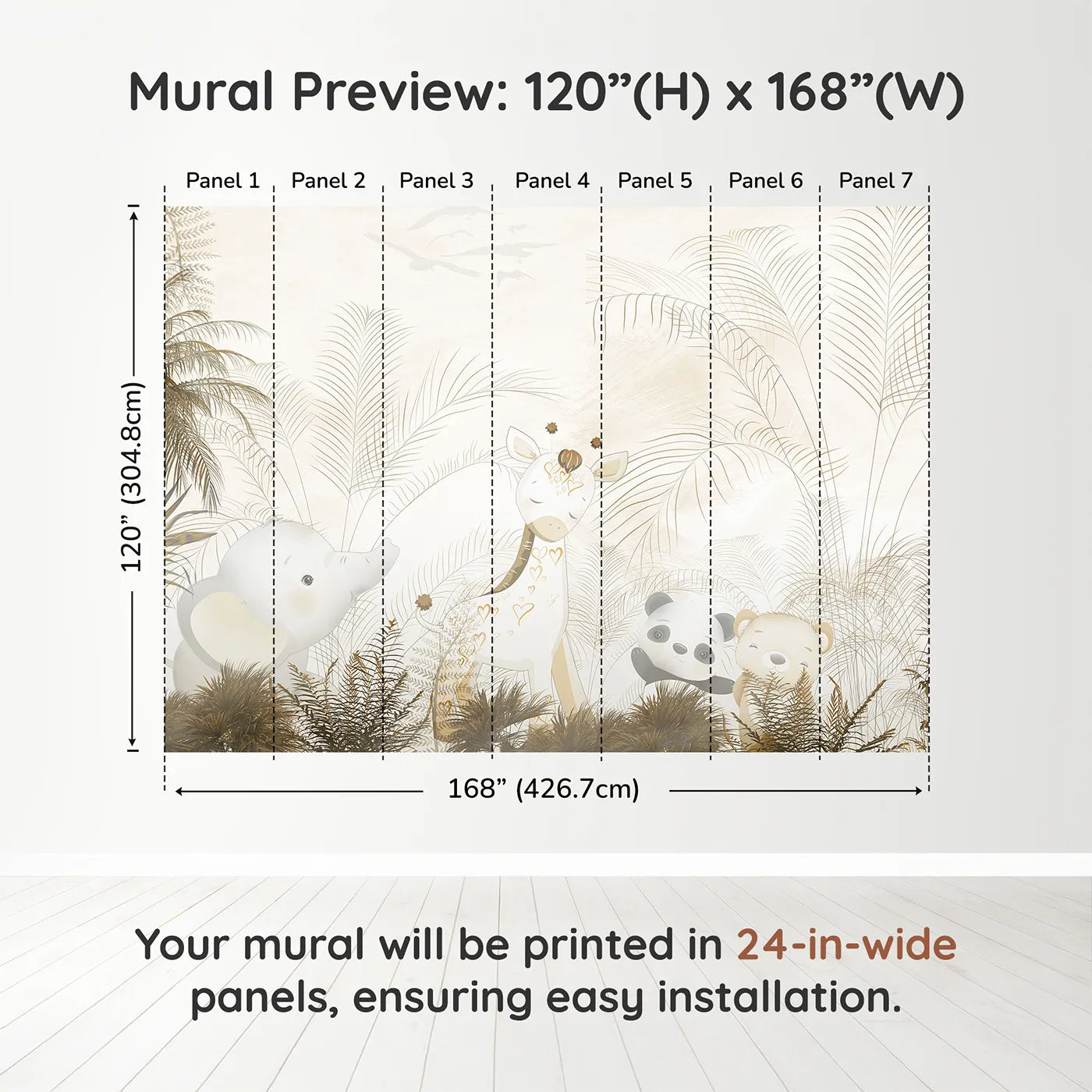 Whimsy Tots Golden Safari Hideaway Wall Muraldimension view (120" H x 168" W). Printed in seven 24-inch-wide panels. Gender-Neutral