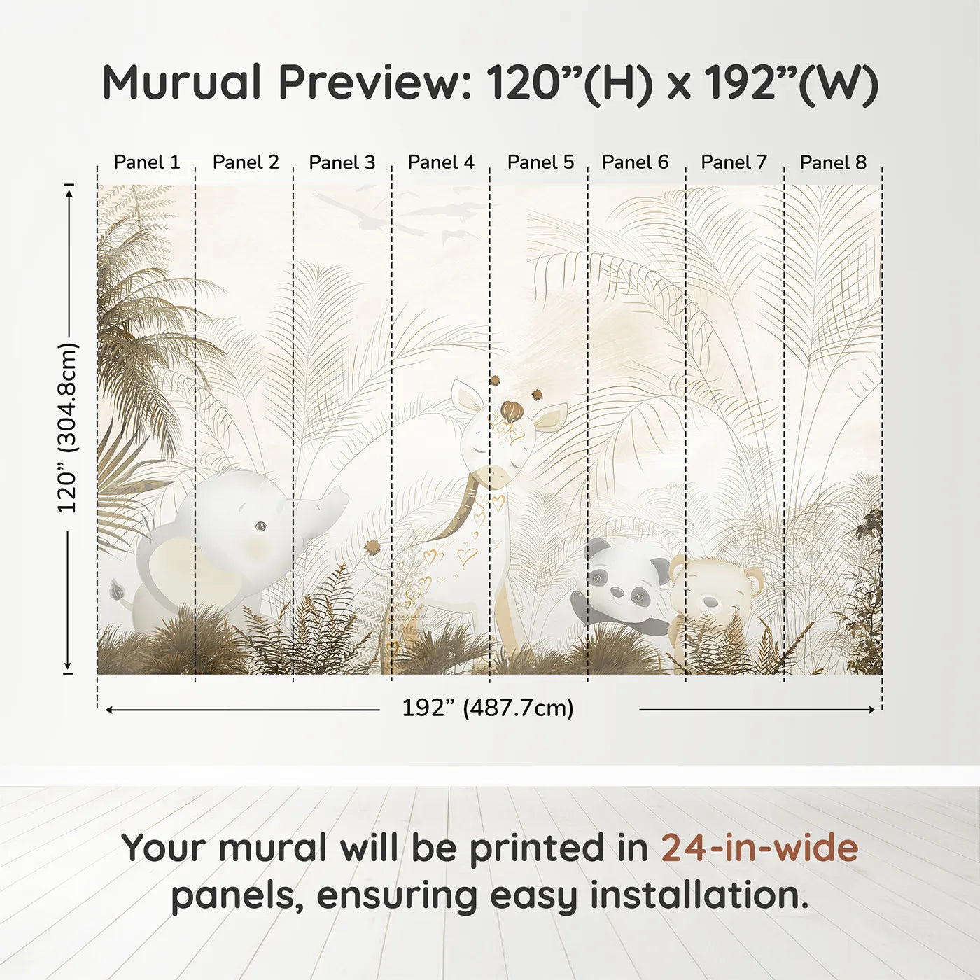 Whimsy Tots Golden Safari Hideaway Wall Muraldimension view (120" H x 192" W). Printed in eight 24-inch-wide panels. Gender-Neutral