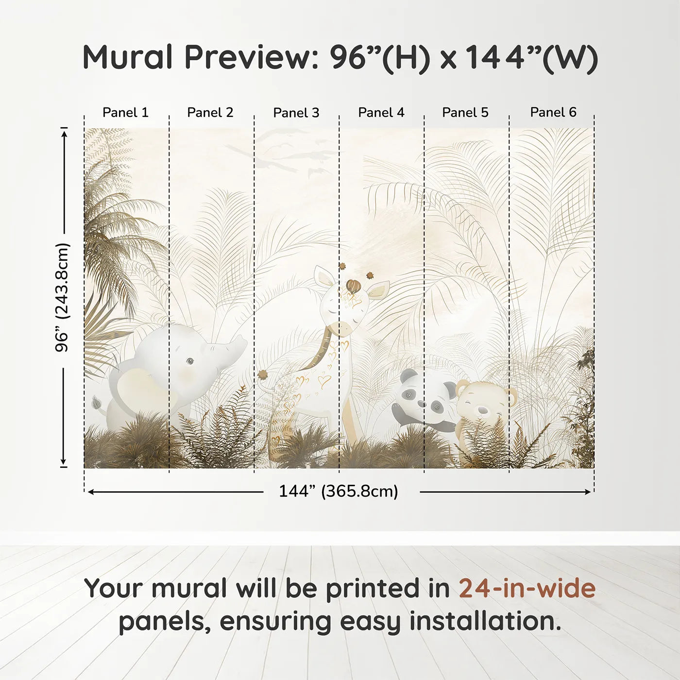 Whimsy Tots Golden Safari Hideaway Wall Muraldimension view (96" H x 144" W). Printed in six 24-inch-wide panels. Gender-Neutral