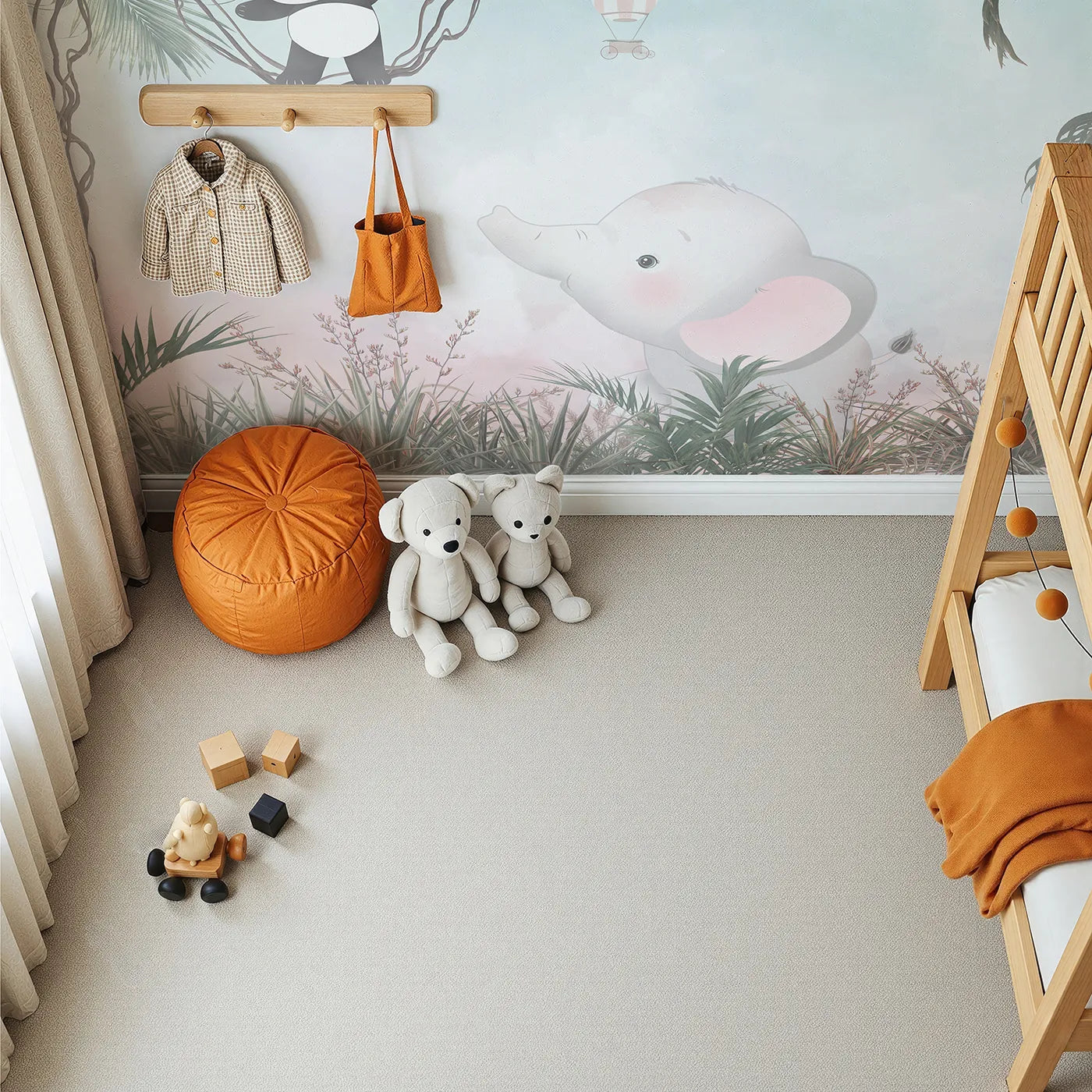 Top-down view of Whimsy Tots' Pastel Safari Sky Party Wall Mural (Turn Their Room into a High-Flying Jungle Celebration).Gender-Neutral