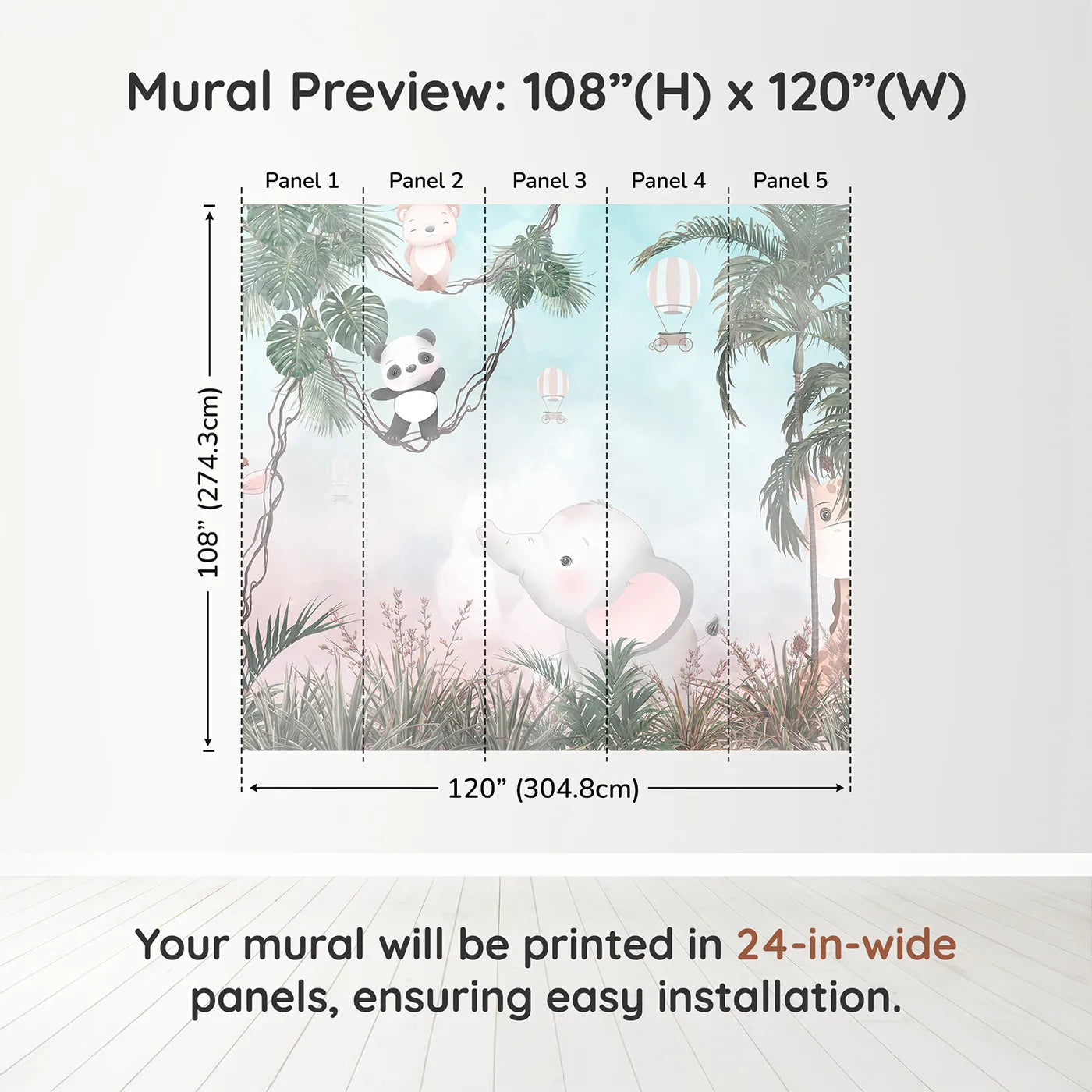 Whimsy Tots Pastel Safari Sky Party Wall Muraldimension view (108" H x 120" W). Printed in five 24-inch-wide panels. Gender-Neutral