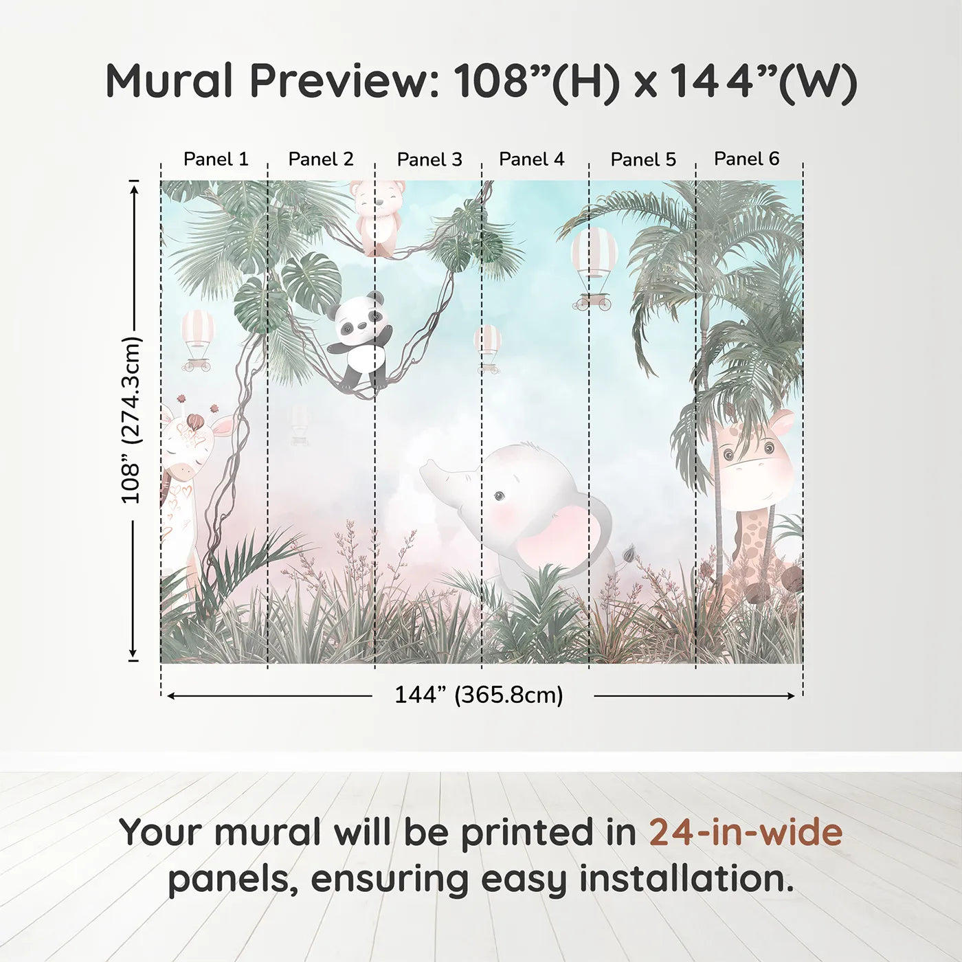 Whimsy Tots Pastel Safari Sky Party Wall Muraldimension view (108" H x 144" W). Printed in six 24-inch-wide panels. Gender-Neutral