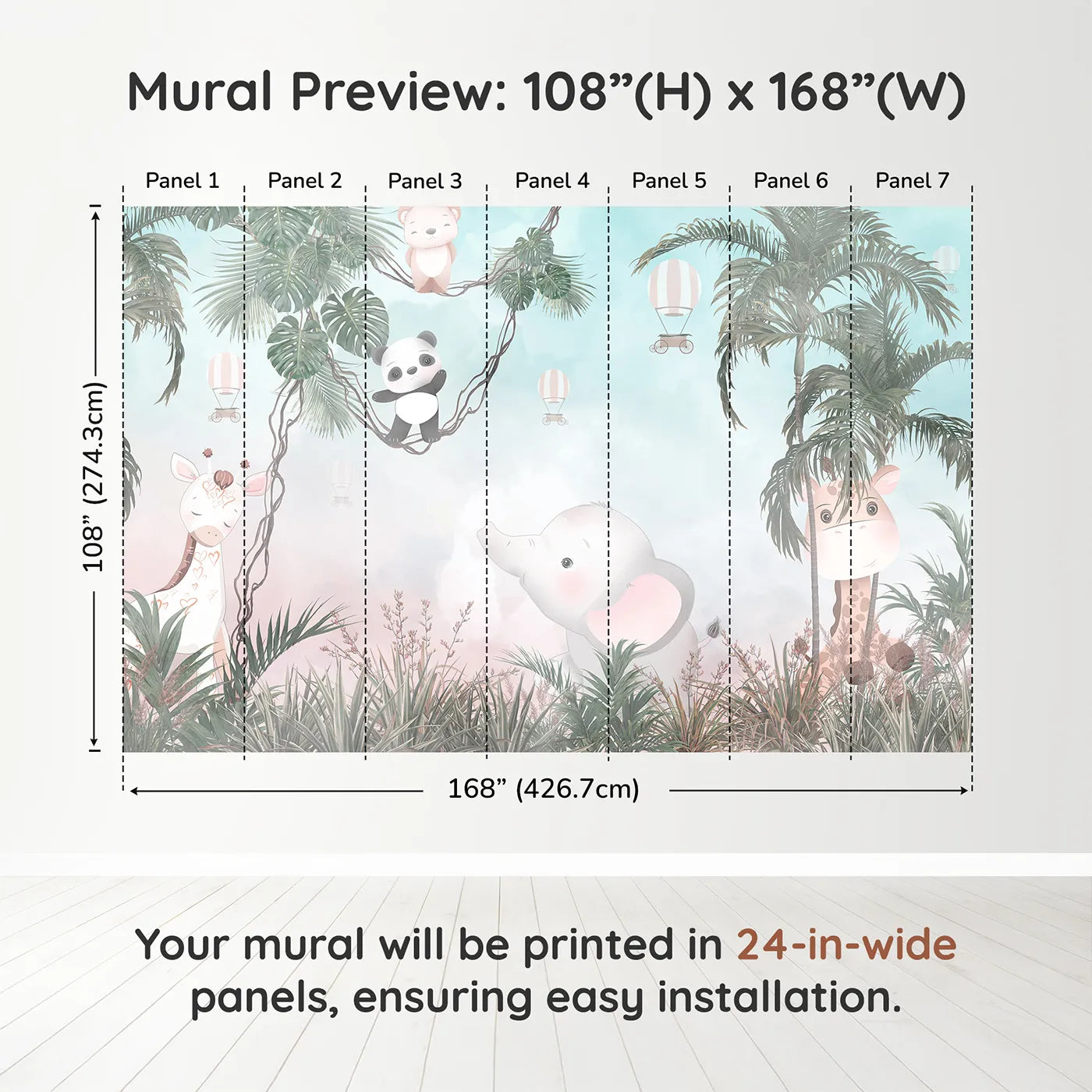 Whimsy Tots Pastel Safari Sky Party Wall Muraldimension view (108" H x 168" W). Printed in seven 24-inch-wide panels. Gender-Neutral
