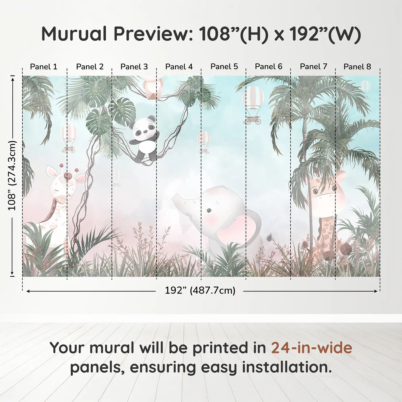 Whimsy Tots Pastel Safari Sky Party Wall Muraldimension view (108" H x 192" W). Printed in eight 24-inch-wide panels. Gender-Neutral