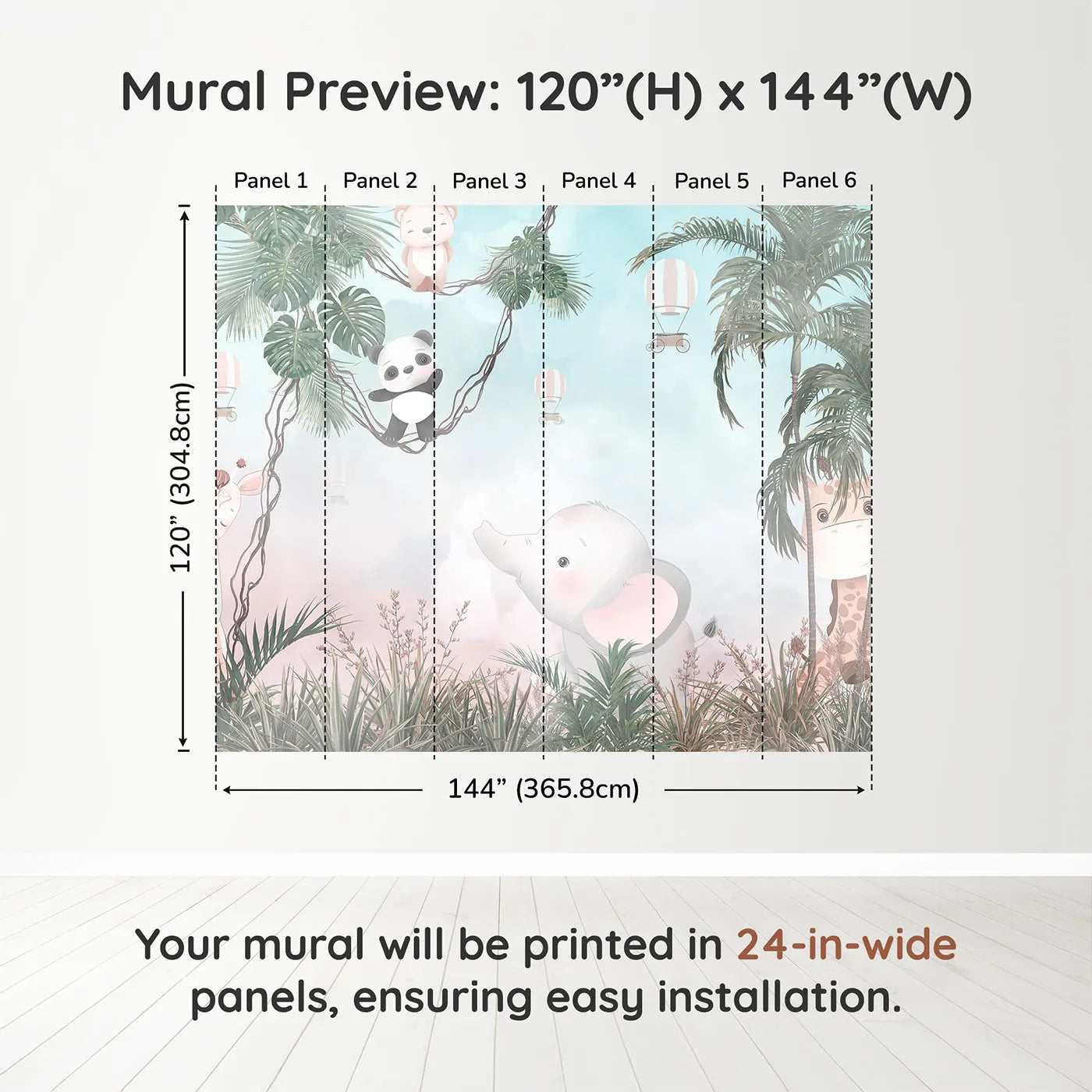 Whimsy Tots Pastel Safari Sky Party Wall Muraldimension view (120" H x 144" W). Printed in six 24-inch-wide panels. Gender-Neutral