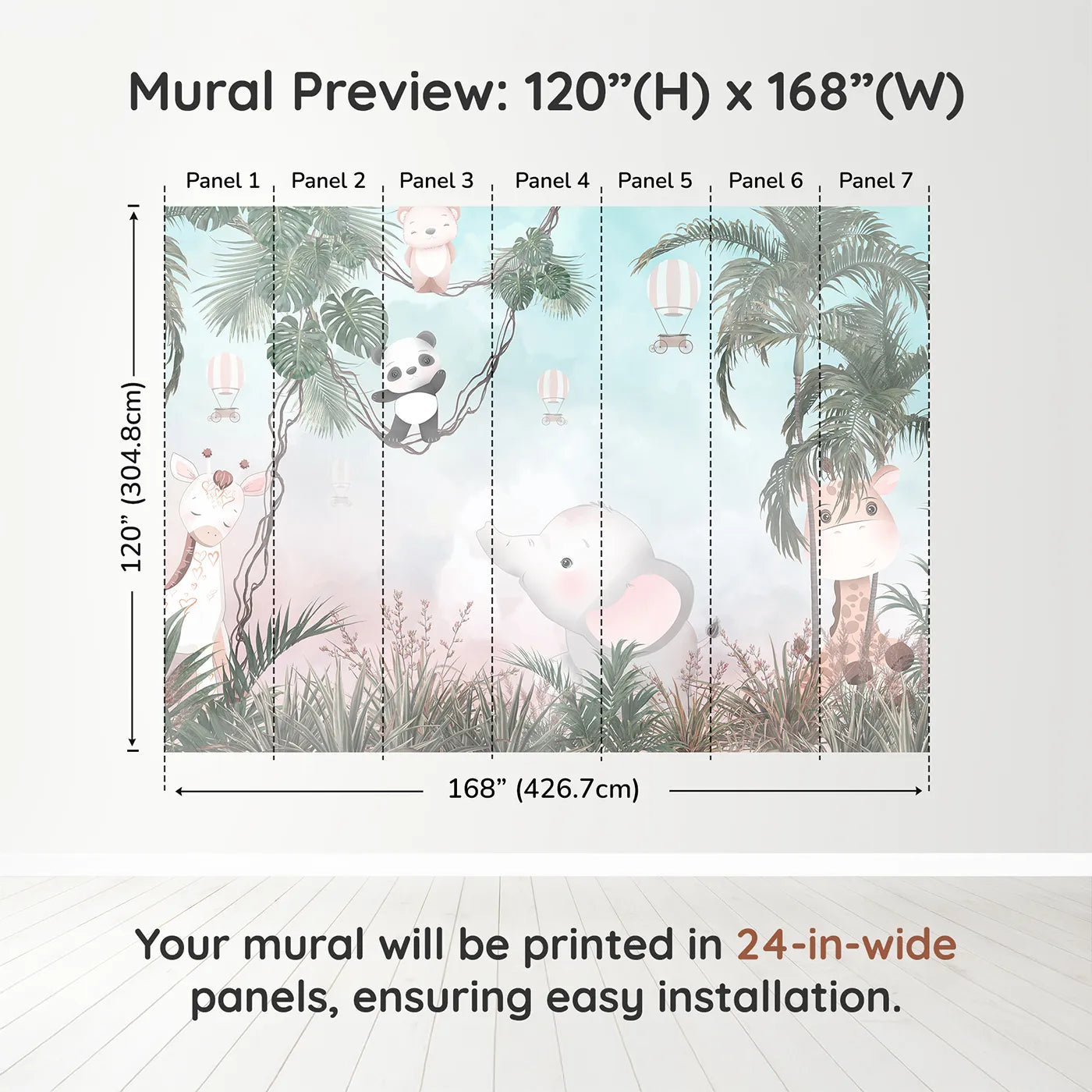 Whimsy Tots Pastel Safari Sky Party Wall Muraldimension view (120" H x 168" W). Printed in seven 24-inch-wide panels. Gender-Neutral