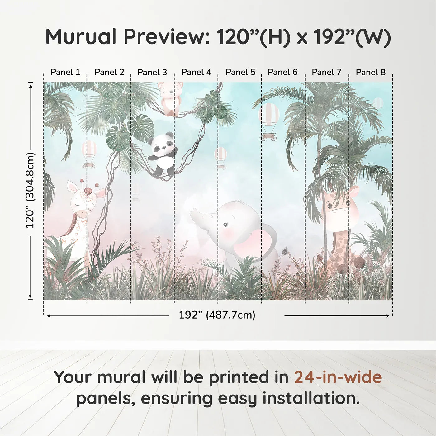 Whimsy Tots Pastel Safari Sky Party Wall Muraldimension view (120" H x 192" W). Printed in eight 24-inch-wide panels. Gender-Neutral