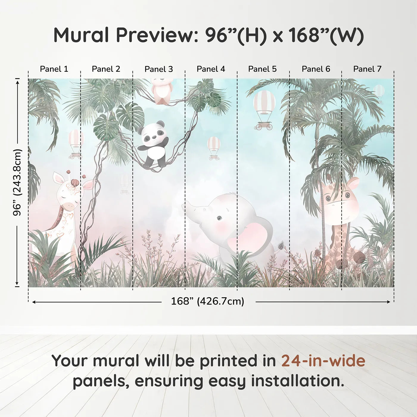 Whimsy Tots Pastel Safari Sky Party Wall Muraldimension view (96" H x 168" W). Printed in seven 24-inch-wide panels. Gender-Neutral