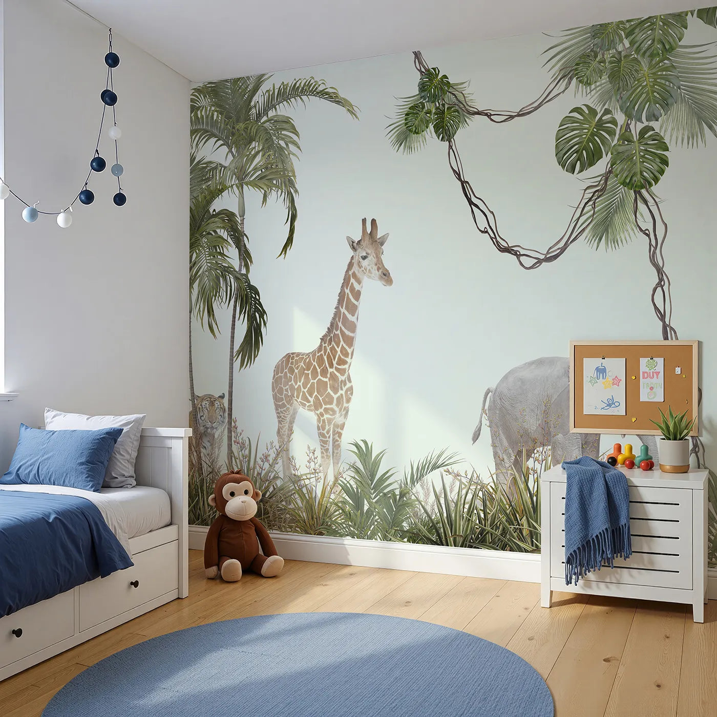 Angled view of Whimsy Tots' Realistic Safari Stroll Wall Mural (Turn Their Room into a Lifelike Jungle Expedition).Gender-Neutral
