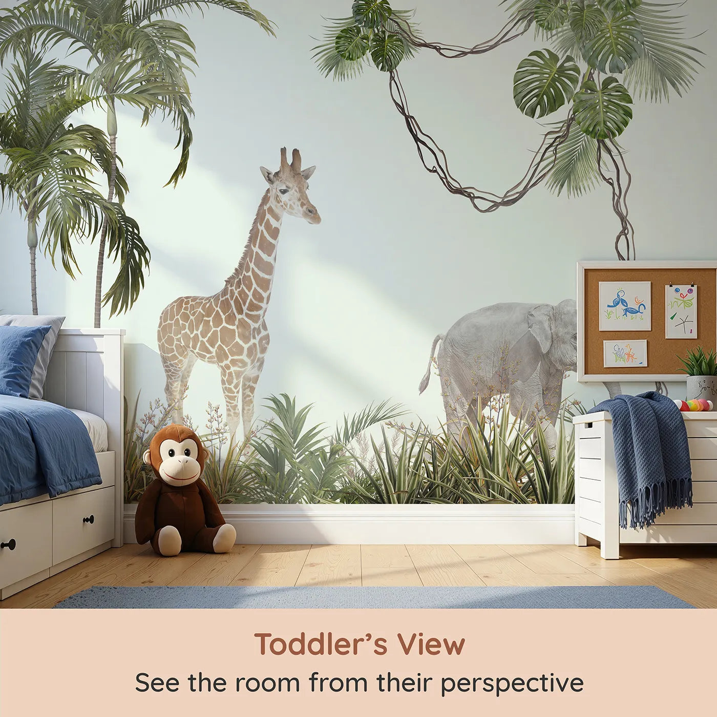 Whimsy Tots Realistic Safari Stroll Wall Mural (Turn Their Room into a Lifelike Jungle Expedition) from your child's view.Gender-Neutral