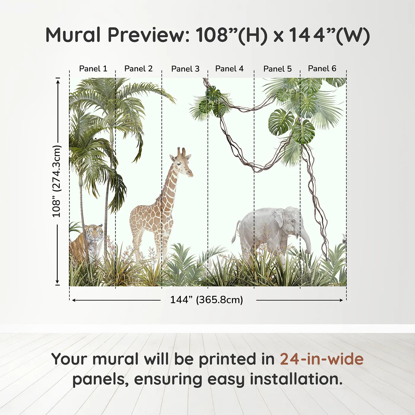 Whimsy Tots Realistic Safari Stroll Wall Muraldimension view (108" H x 144" W). Printed in six 24-inch-wide panels. Gender-Neutral