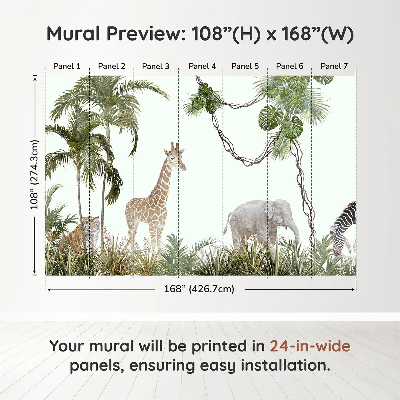 Whimsy Tots Realistic Safari Stroll Wall Muraldimension view (108" H x 168" W). Printed in seven 24-inch-wide panels. Gender-Neutral