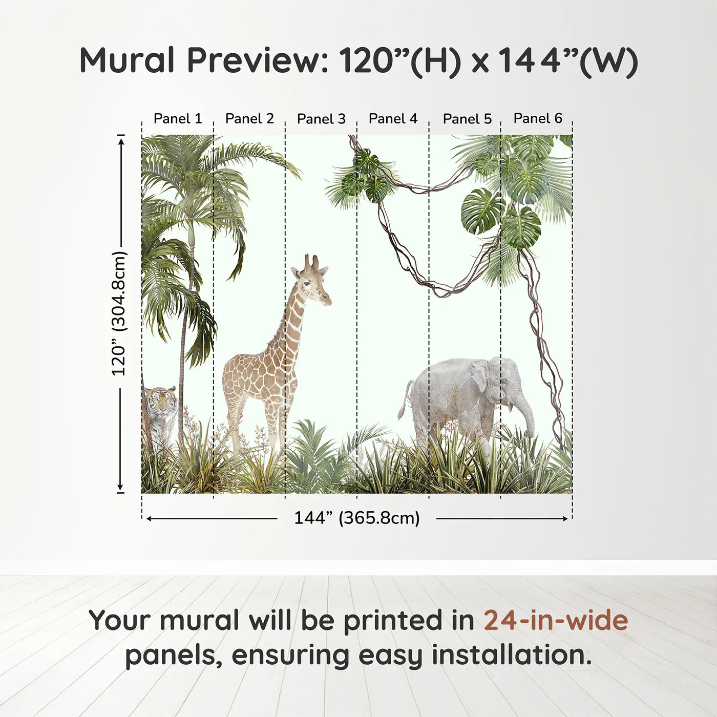 Whimsy Tots Realistic Safari Stroll Wall Muraldimension view (120" H x 144" W). Printed in six 24-inch-wide panels. Gender-Neutral