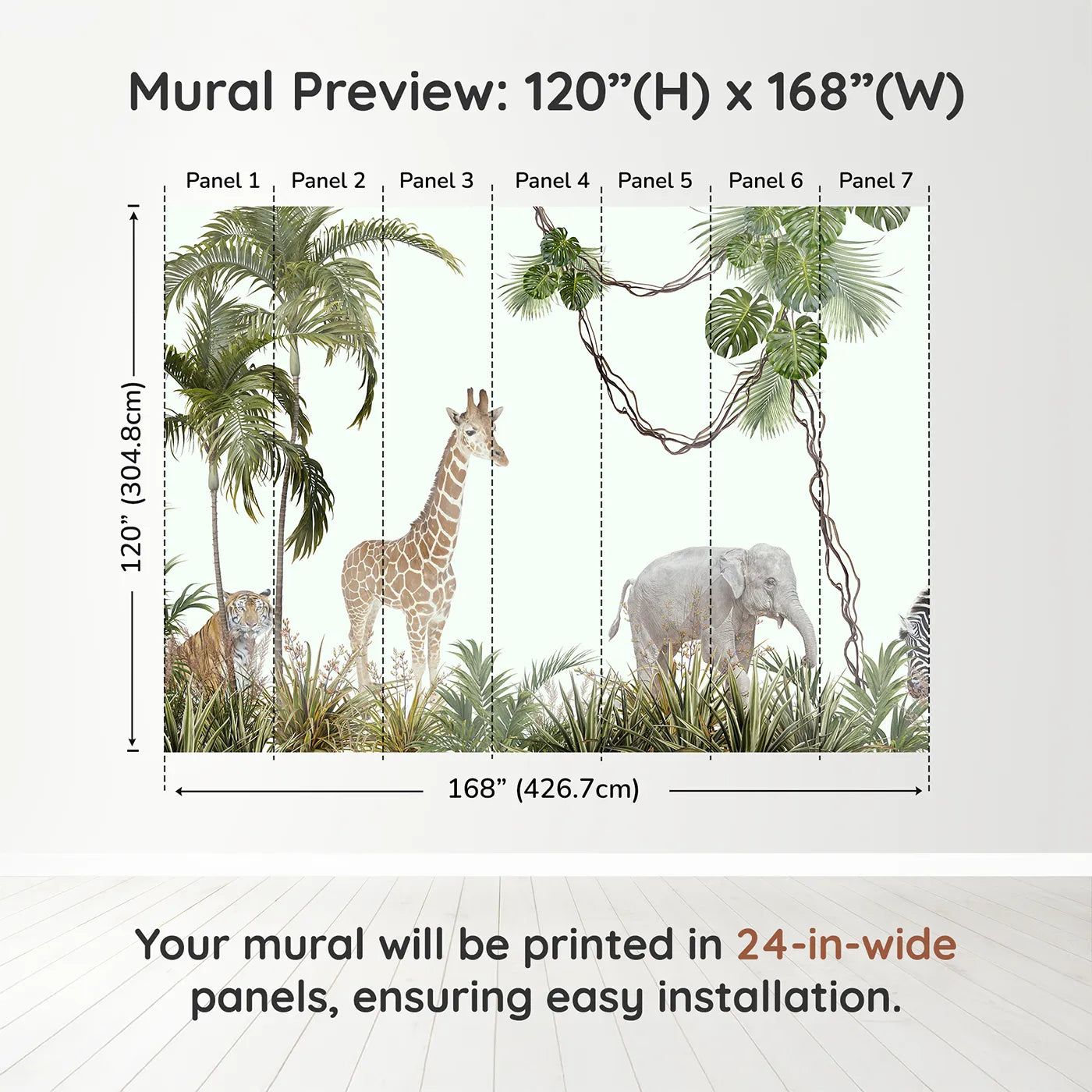 Whimsy Tots Realistic Safari Stroll Wall Muraldimension view (120" H x 168" W). Printed in seven 24-inch-wide panels. Gender-Neutral