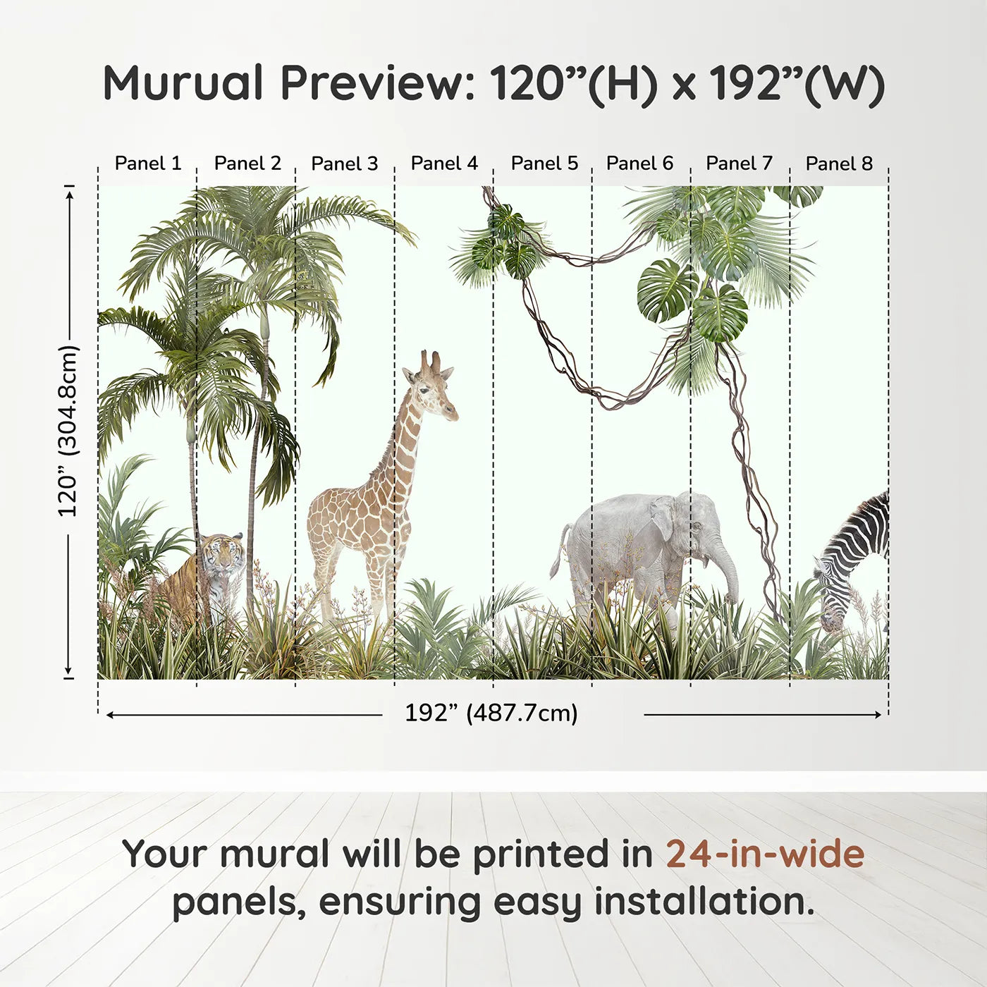 Whimsy Tots Realistic Safari Stroll Wall Muraldimension view (120" H x 192" W). Printed in eight 24-inch-wide panels. Gender-Neutral