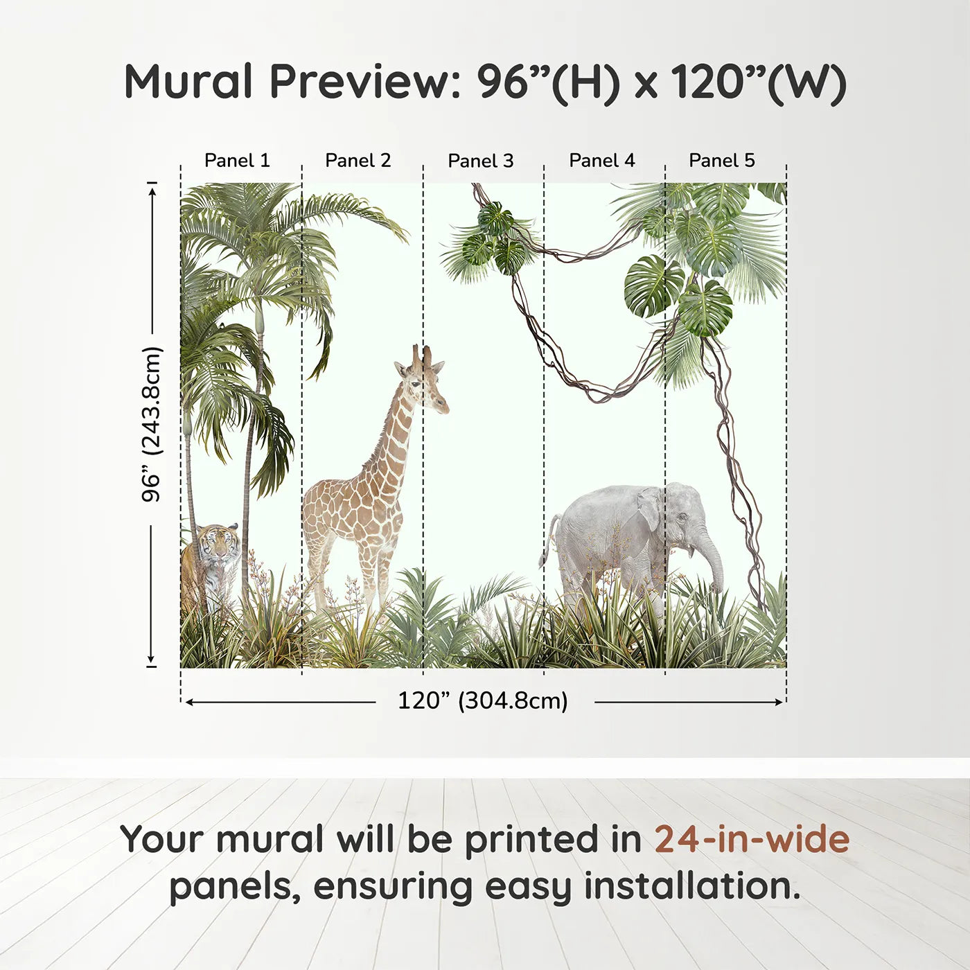 Whimsy Tots Realistic Safari Stroll Wall Muraldimension view (96" H x 120" W). Printed in five 24-inch-wide panels. Gender-Neutral