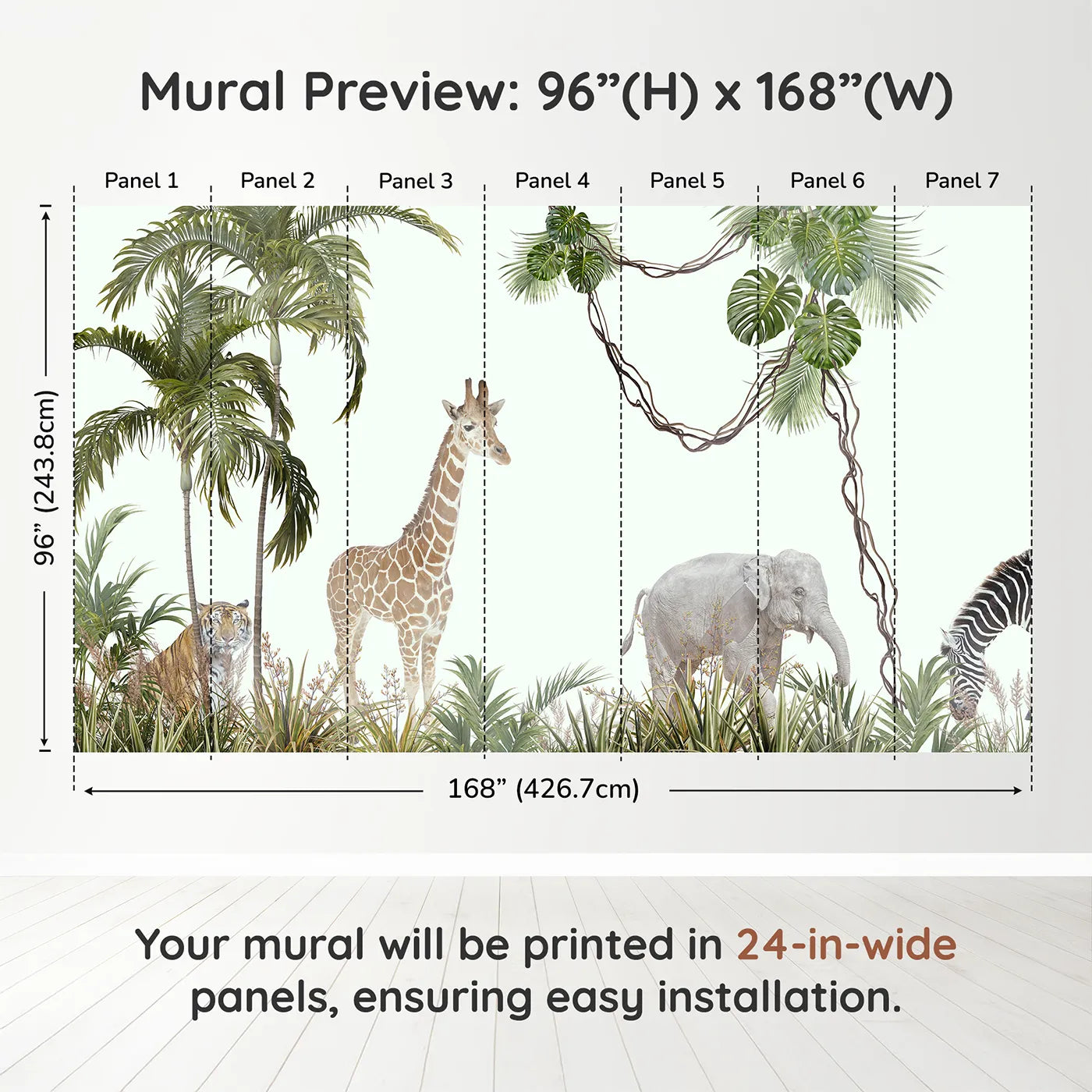 Whimsy Tots Realistic Safari Stroll Wall Muraldimension view (96" H x 168" W). Printed in seven 24-inch-wide panels. Gender-Neutral