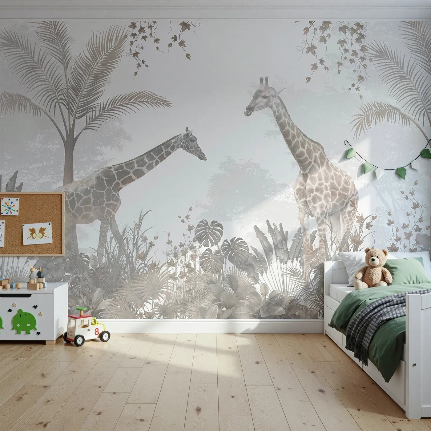 Front view of Whimsy Tots' Sepia Jungle Stroll Wall Mural